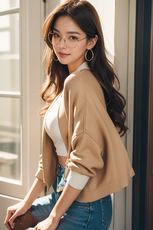 A "Girlish" Autumn Style Hair Catalog Page/Winter casual wear. The hairstyle features soft side sweep bangs, Medium length hair with soft waves of dark brown and mocha brown. Another option is、It's a bun hairstyle. The overall appearance is soft, zora々Right, and playfulness, Ideal for a casual day in the cooler months.