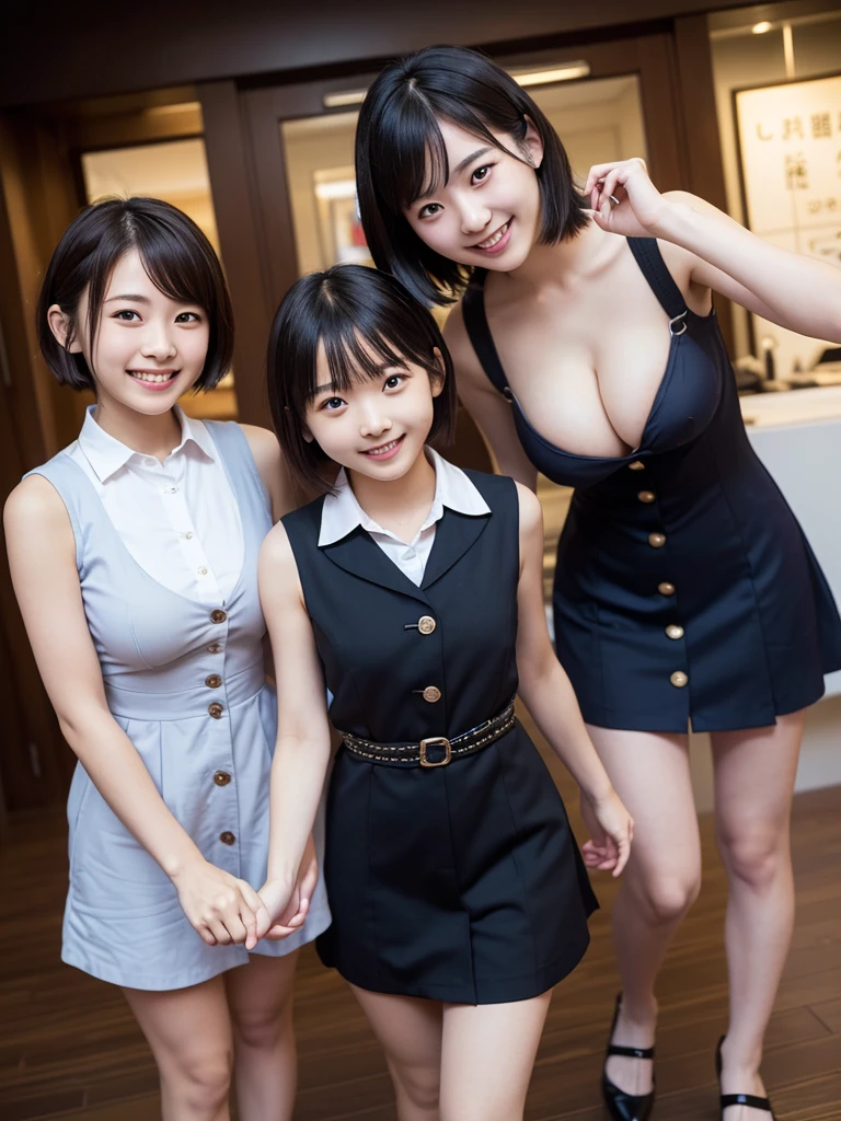 Group photo, Group photo, Some very beautiful women, Highly detailed eyes, Highly detailed face,  Sexy and highly detailed lips, Super detailed everything, Attractive woman, Black choker, Blue Eyes, very long eyelashes, bangs, big breasts, ((smile)), highest quality, masterpiece, ((Slim face)), Japanese actress, Servant, High nose, ((Casual wear)), A happy atmosphere, Fun smile, Shooting from below, mini skirt, garden