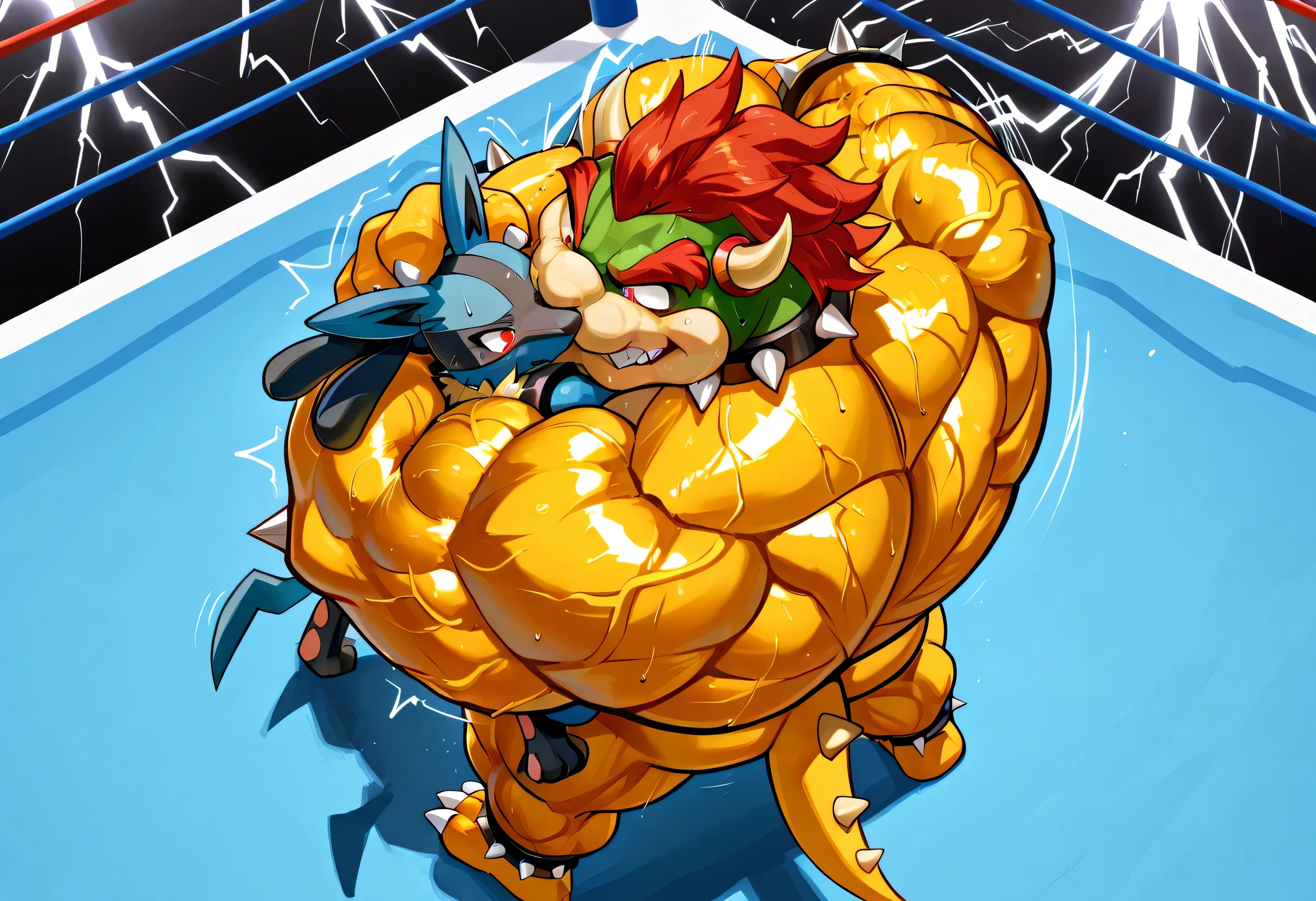 4k ultra quality, 4k full body view,masterpiece quality, giant bowser dominates small lucario, wrestling, bearhug, [lucario:pain, arched back, close eyes, very small build, young], [bowser:carrying person, lift up, arched back, hugging, giant bulky muscular, massive strong body, looking down, evil grin, sweaty, male focus],size difference, carrying, dominating, lightning thunder trails, motion line, from above