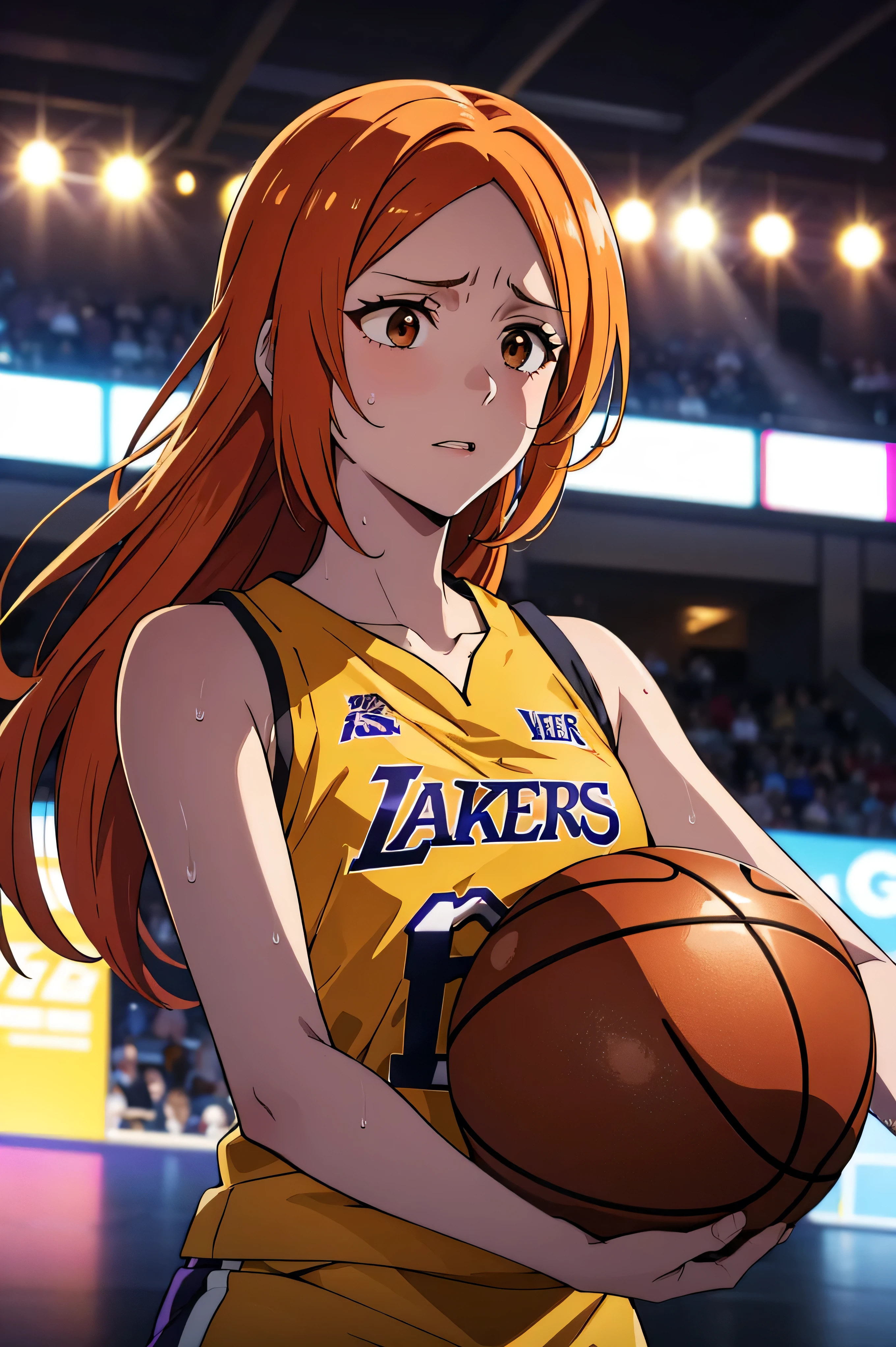 wearing a yellow Los Angeles Lakers basketball jersey.
• She has long, orange hair, and her brown eyes stand out against her fair skin.
• Her face and body are covered in sweat, and she appears to be in an intense moment, possibly after physical activity. The setting appears to be an indoor basketball court or arena, with bright lights and a blurred background. Orihime, bleach,