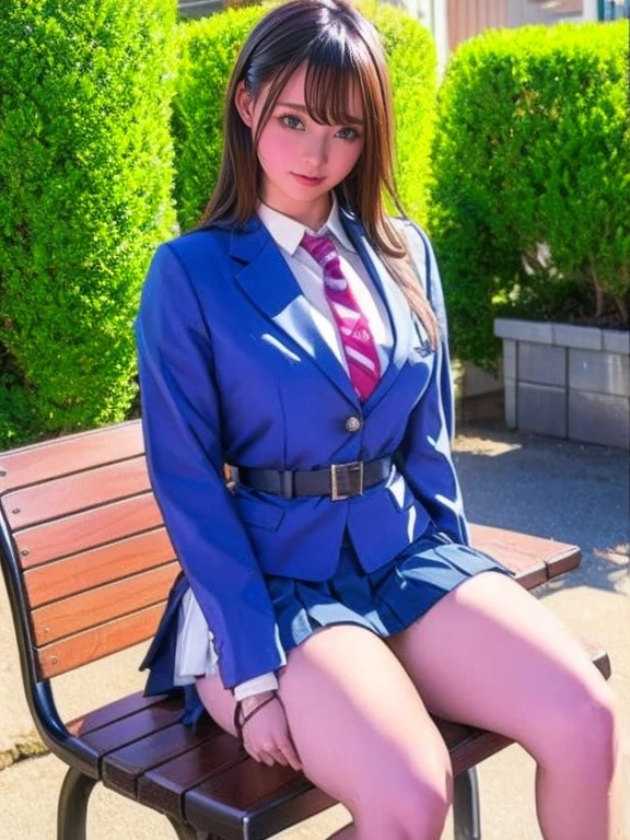 (masterpiece, highest quality), 1 girl, defMaki, blue blazer, Striped blue bowtie, long sleeve, plaid mini skirt, blue mini skirt、lift up the skirt、Show off your panties、Panty shot、panties close up:1.3、from below