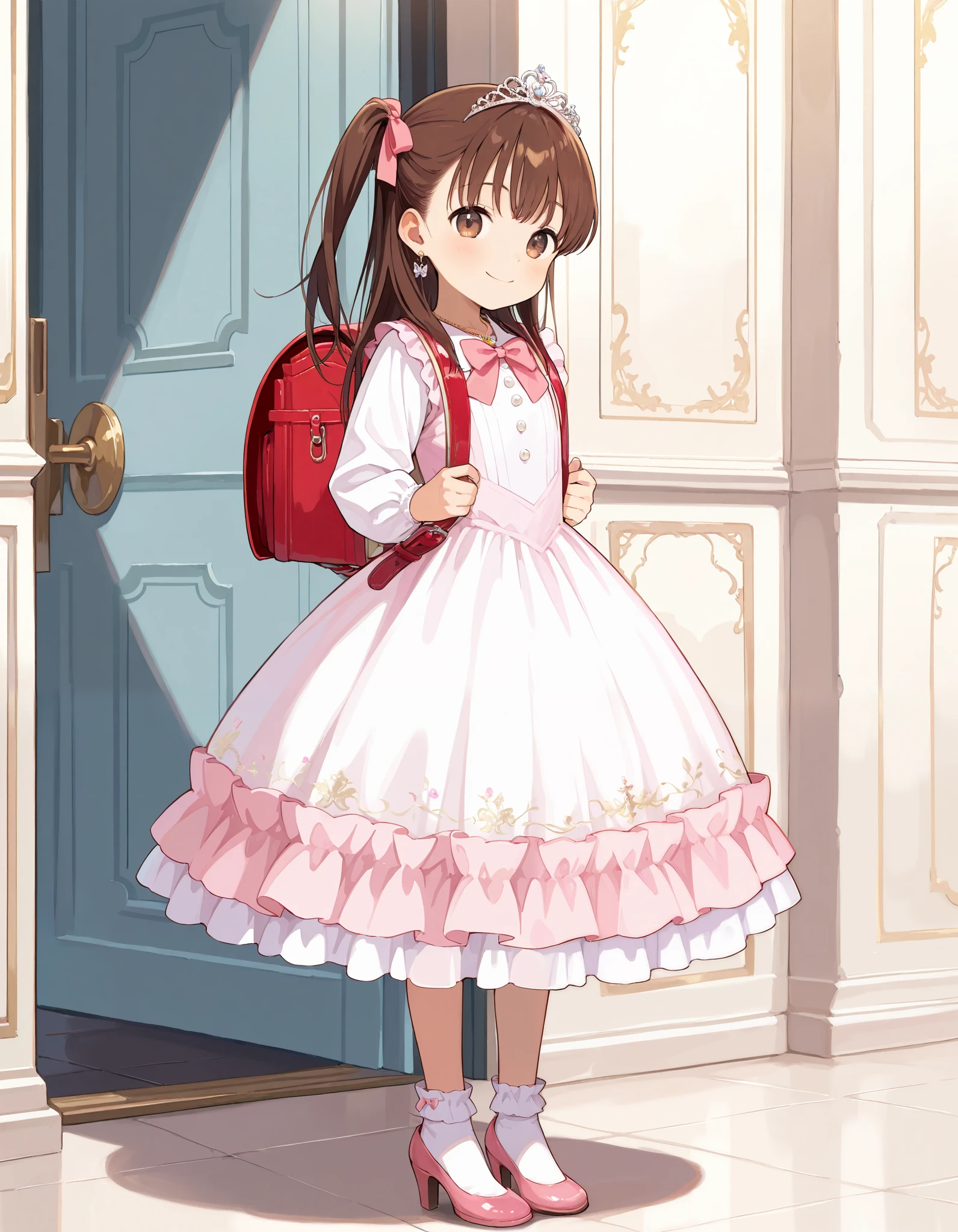 Hd, (girl:1.2) (slender body) (thin body), smile, happy, masterpiece, best quality, highres,2d, anime, 1girl, long hair, one side up, solo, ponytail, brown hair, long hair, hair ribbon, brown eyes,  cowboy shot,princess dress, princess Costume, colorful princess dress, wearing Tiara, luxury dress,bowtie, smile, frilled dress, tiara, necklace, earrings, luxury jewelry, wearing randoseru backpack, red backpack, flat breasts,  happy and confident expression. full body, (ch1ldren playing), short girl, cute girl, (loli:1), (ch1ldren:1.2),  long straight hair, thin legs, flat chest, flat breasts. (happy, smile, cheerful), Standing, frilly dress, white socks, pink shoes, high heels, bowtie, standing, indoor, castle