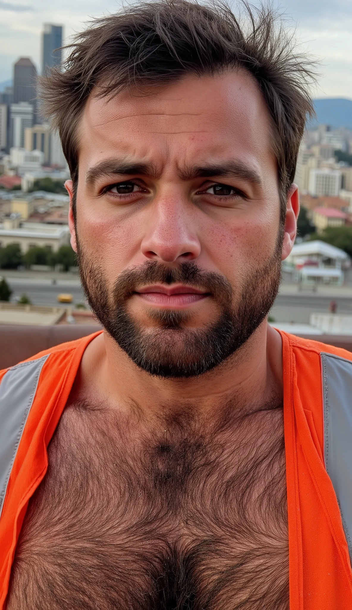 masterpiece, best quality, high resolution, closeup portrait, male focus, solo focus, A man, 30 years old, with construction worker uniform, unbuttoned work clothes, construction worker, hair, messy hairstyle, hairy armpit, cute and seductive face, bare chest, body hair, facial hair, roman nose, very skinny body, hairy legs, dimples, beard, bold jawline , two gay men love touch romantic, kneeling, two men passionately hug, sweaty, sunburnt, orange safety vest, attractive, view from below, amazing composition, front view, HDR, ultra quality, elegant, highly detailed, in the background a construction site,
