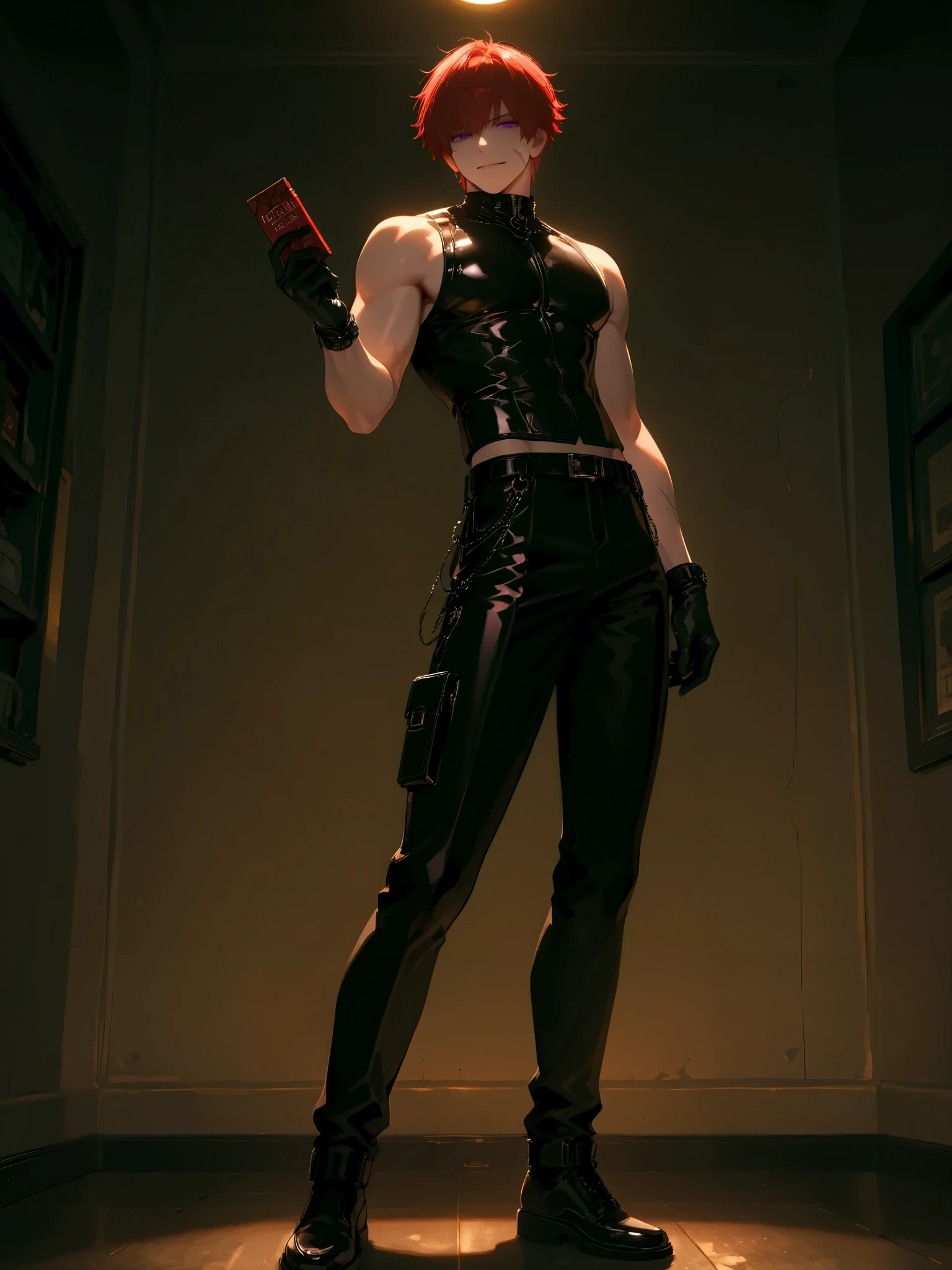 (male, boy, red hair, short hair, messy spiky hair, black leather outfit, pale skin, purple eyes, sleeveless top, black gloves, scar on left face, defined jawline,mello), (holding a chocolate bar close to face), mafia room, (male focus, 1man, solo),(Highly detailed, Absurdres, Anatomically correct, Best quality), (masterpiece, detailed:1.2),(masculine), (serious face, mature face), (smirk), (full body, front-view:1.5), (broad shoulders, strong), (standing)