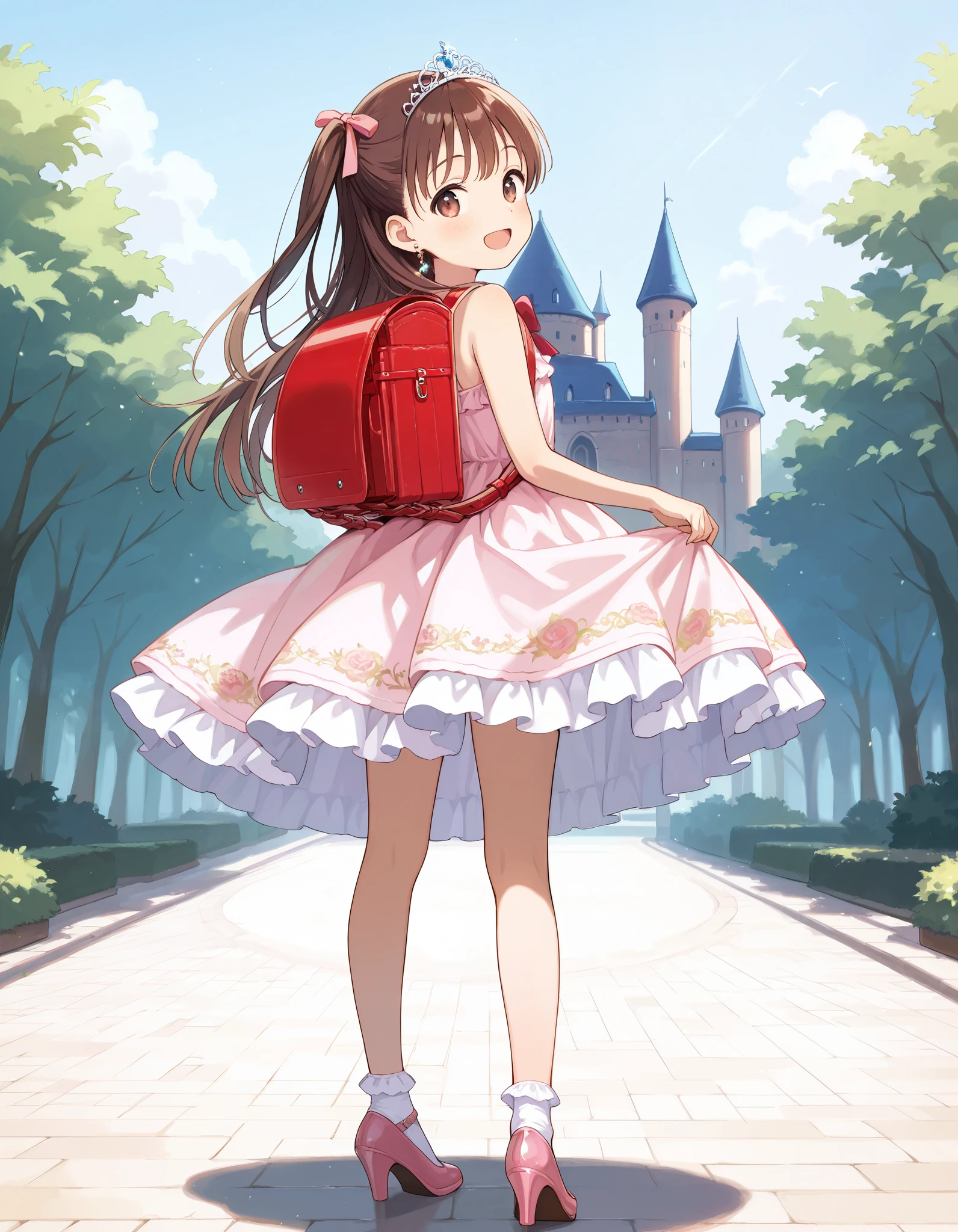 Hd, (girl:1.2) (slender body) (thin body), smile, happy, masterpiece, best quality, highres,2d, anime, 1girl, long hair, one side up, solo, ponytail, brown hair, long hair, hair ribbon, brown eyes,  cowboy shot,princess dress, princess Costume, colorful princess dress, wearing Tiara, luxury dress,bowtie, smile, frilled dress, tiara, necklace, earrings, luxury jewelry, wearing randoseru backpack, red backpack, flat breasts,  happy and confident expression. full body, (ch1ldren playing), short girl, cute girl, (loli:1), (ch1ldren:1.2),  long straight hair, thin legs, flat chest, flat breasts. (happy, smile, cheerful), Standing, frilly dress, white socks, pink shoes, high heels, bowtie, standing, indoor, castle, looking back, from behind, back view photo