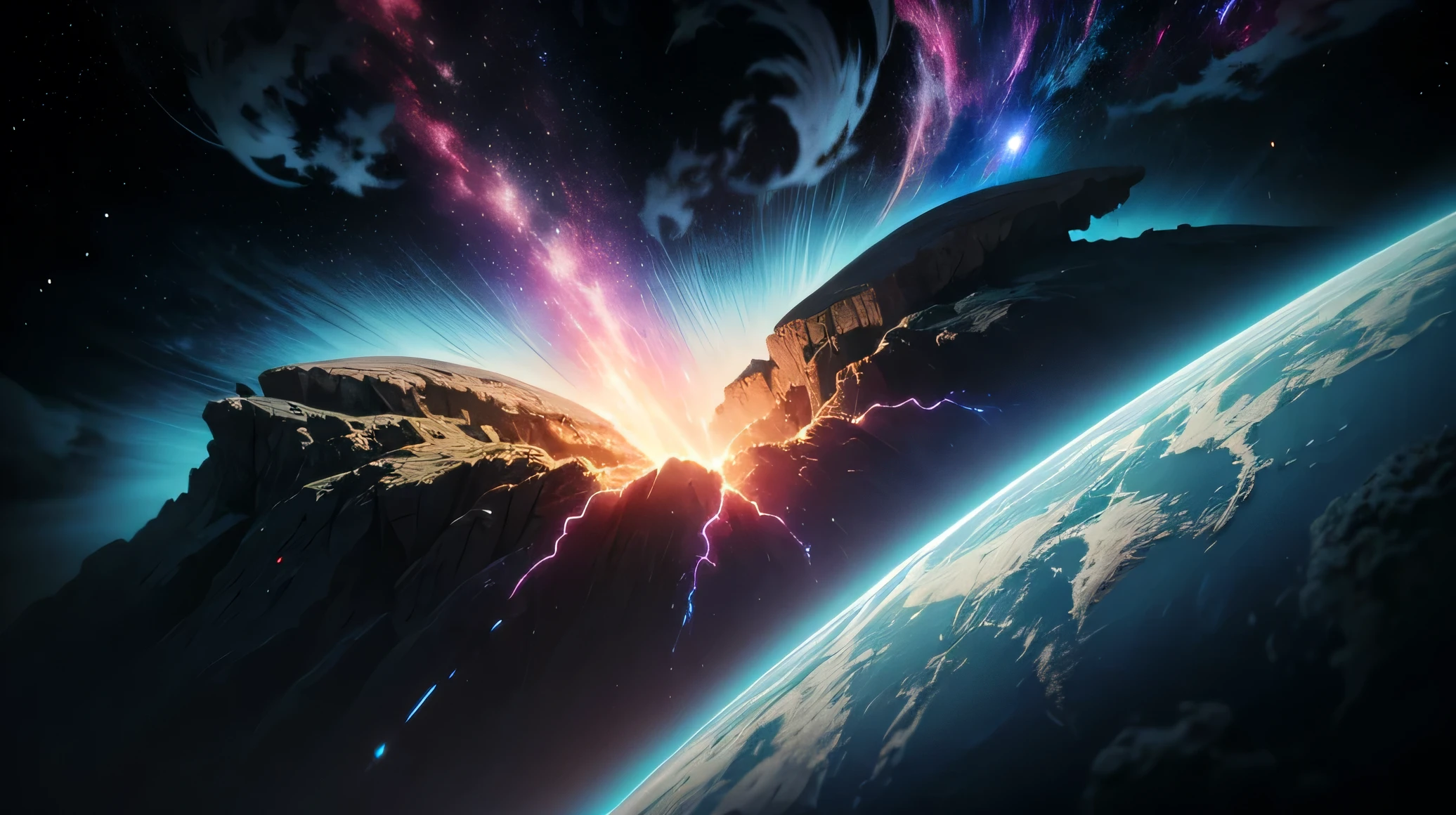A view of a planet with a bright light shining from the top - SeaArt AI