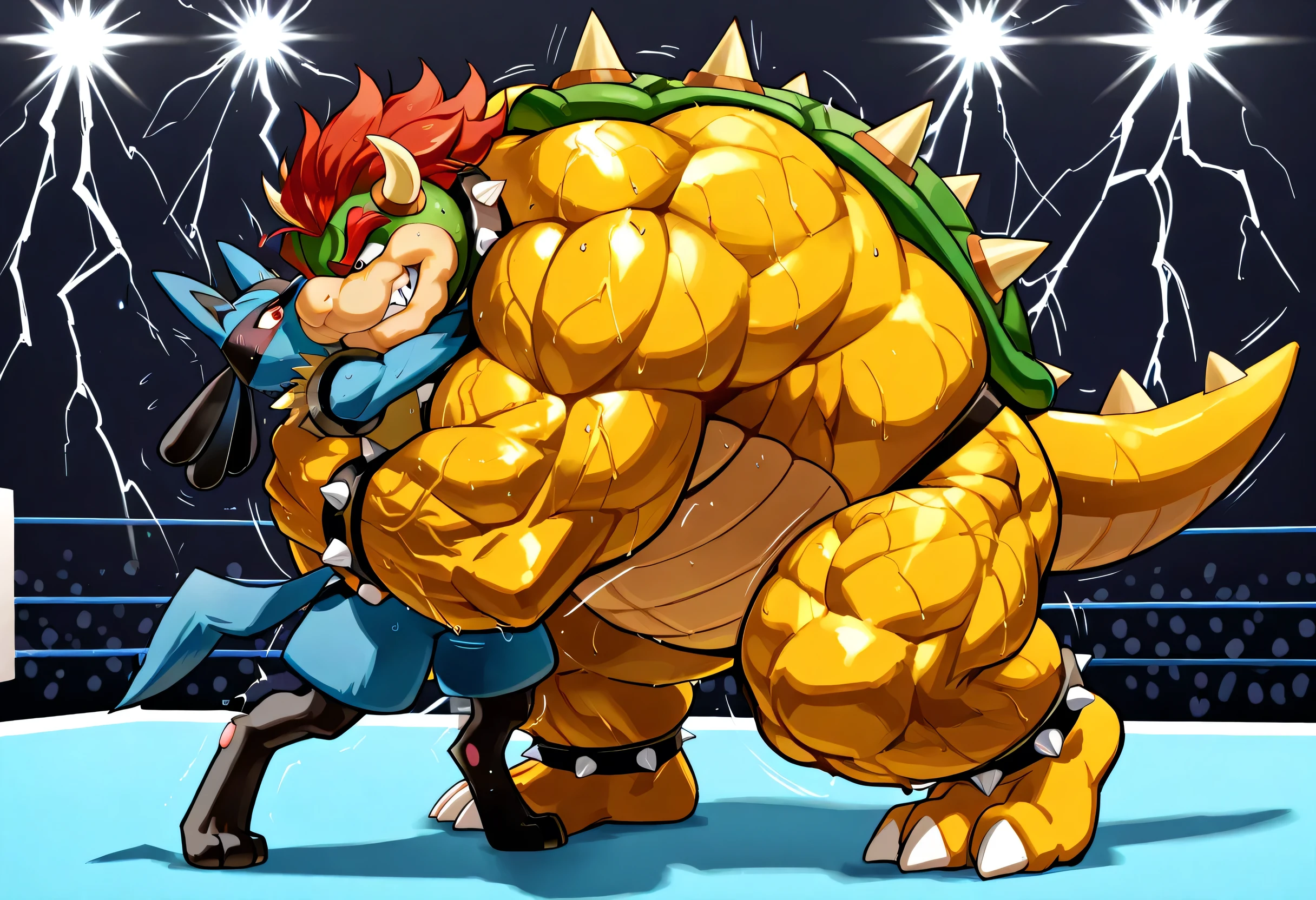 4k ultra quality, 4k full body view,masterpiece quality, giant bowser dominates small lucario, wrestling, bearhug, [lucario:pain, arched back, close eyes, very small build, young], [bowser:carrying person, lift up person, arched back, hugging, giant bulky muscular, massive strong body, looking down, evil grin, sweaty, male focus],size difference, carrying, dominating, lightning thunder trails, motion line, from side
