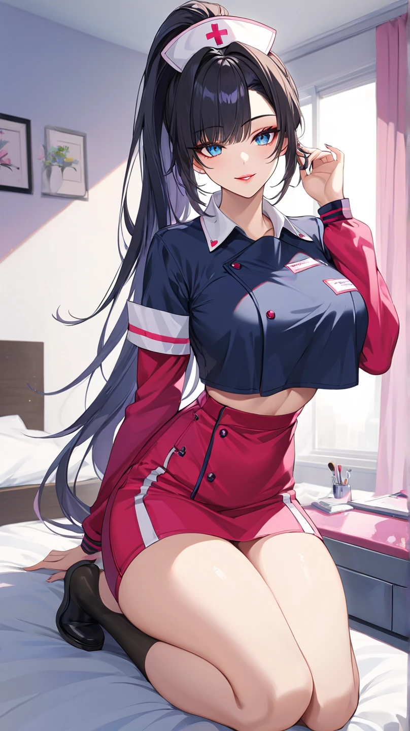 high tail hairstyle, Ponytail hairstyle, Long wavy black hair, standing posing, anime girl style, pixel art anime style,penetrating look with deep eyes,red and purple eyes, hair with a ponytail hairstyle trapped with a big red bun, Women, red hair clips, x color shaped hair clips , smiling face blush, next to his bed , lingerie, maid outfit, Black hair, mini skirt, showing my ass to the camera, maid, big thighs, big ass