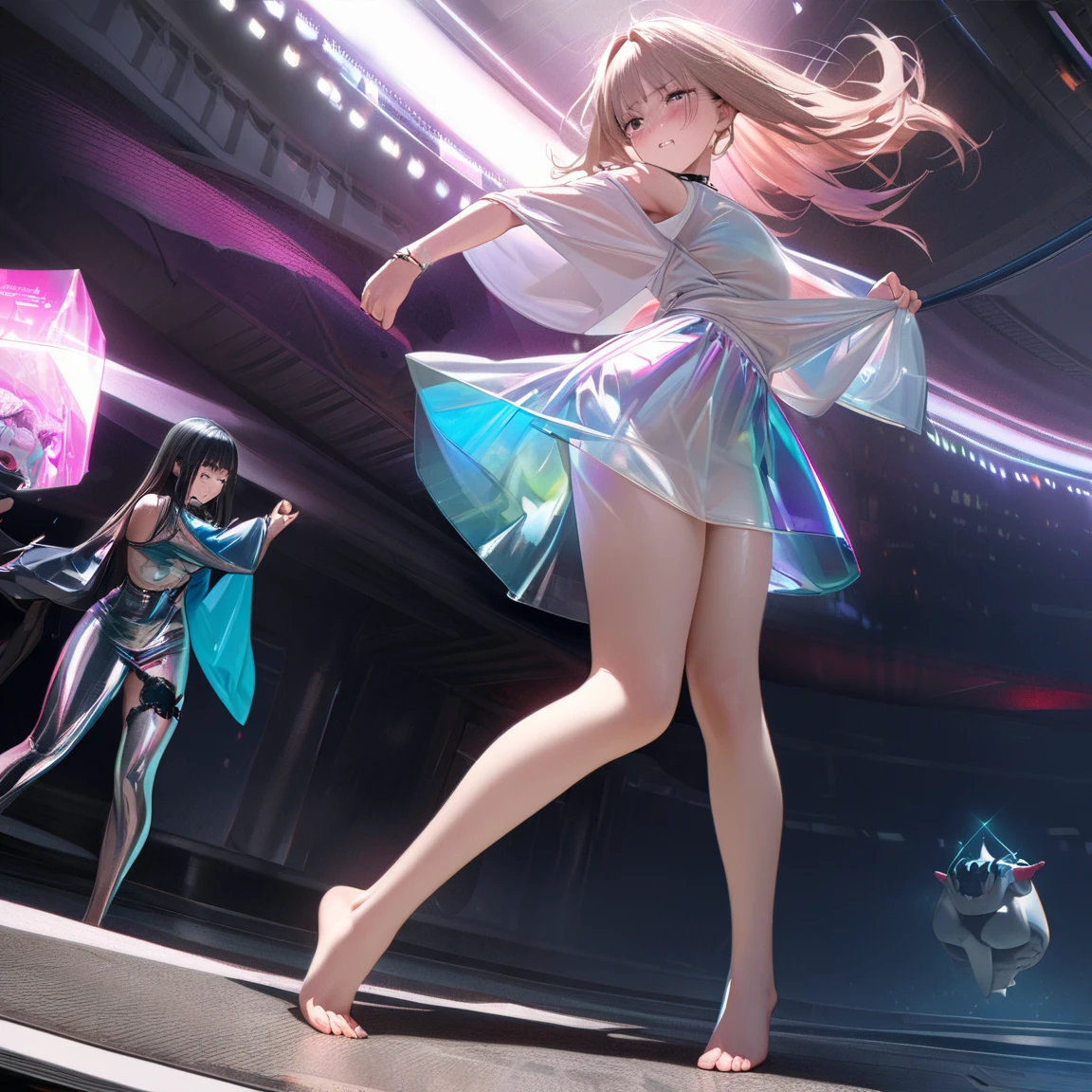 Explore the elegance of binary code in motion. Envision a ballet performance with enormous breast where dancers embody the 1s and 0s of binary code, gracefully moving through a digital stage. Capture the beauty of algorithms in motion, blurring the boundaries between technology and art. (full body:1.5)