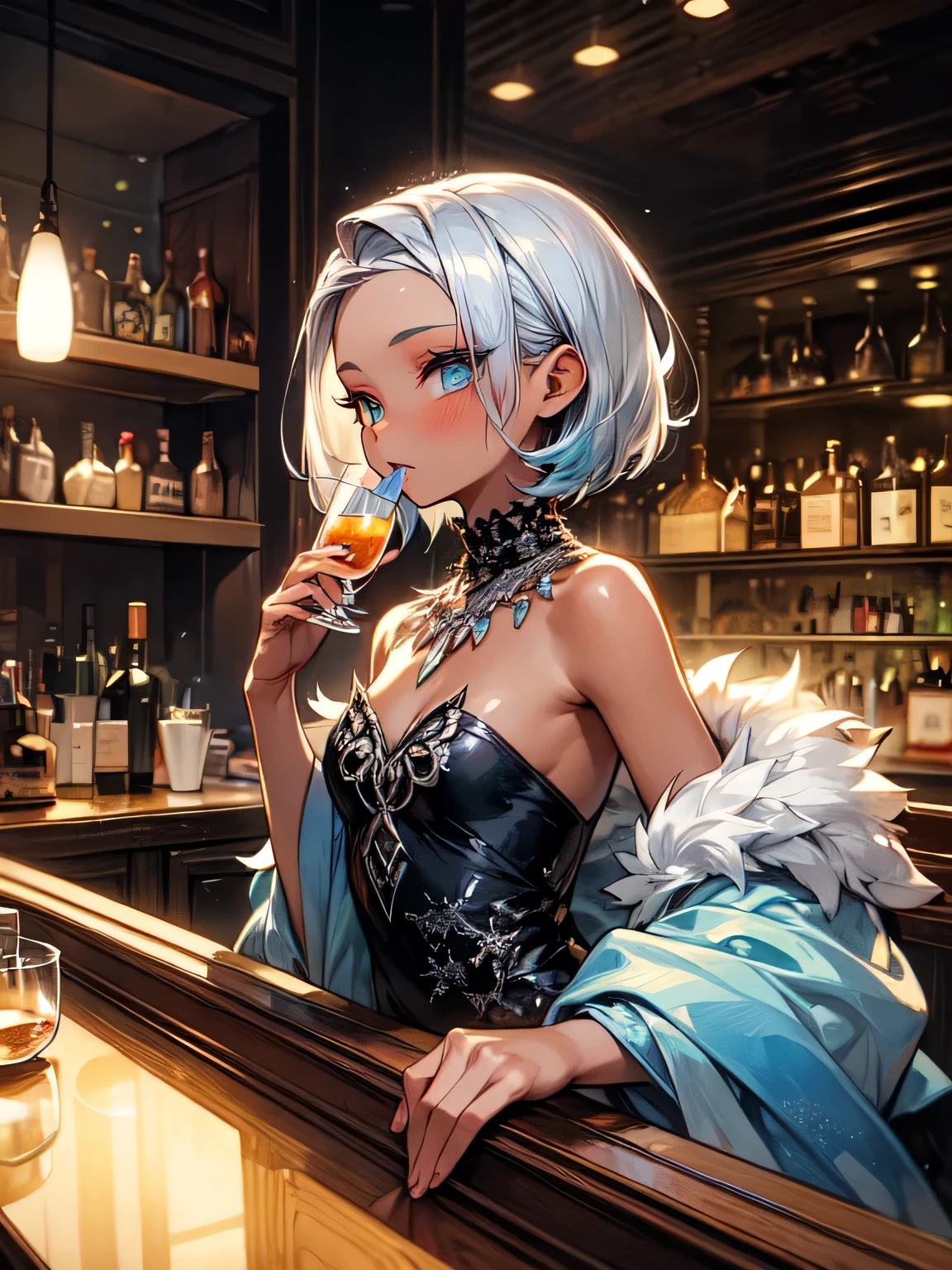 (masterpiece, best quality:1.4), 1 girl, 独奏, Anime style, Colored pupils, Blurred eyes, Drinking champagne from a goblet, Pink lower lip, Cyberpunk style makeup, Short silver asymmetrical hair, Asymmetrical short hairstyle, Long bangs on one side, Color highlights, Huge breasts, Black off-the-shoulder evening dress, Pure yellow background.
