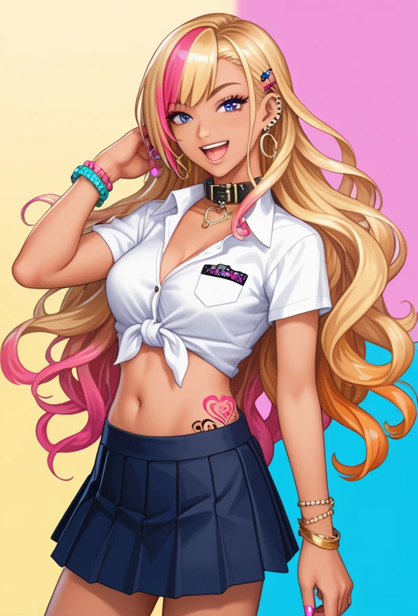 score_9, score_8_up, score_7_up, wolf ears, wolf tail, wolf girl, 1girl, solo, dark-skinned female, blonde hair, dark skin, phone, jewelry, sunglasses, earrings, ponytail, crop top, handbag, very long hair, hair ornament, midriff, choker, makeup, bracelet, navel piercing, miniskirt, piercing, hairclip, necklace, ring, brown eyes, smile, sparkle, cowboy shot, cropped shirt, blue skirt, alternate costume, short sleeves, forehead, white shirt, standing, gyaru, glasses, fishnet top, ear piercing, tattoo, fur-trimmed skirt, eyeshadow, parted lips, looking at viewer, peace sign,