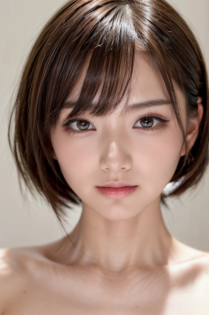 ((Close-up of face:1.7)、((staring at the front:1.7))、((To puff out one's cheeks in anger:1.8))、((Naked Women:1.5))、((No underwear:1.4))、((small and flat chest:1.7))、((Short Bob Cut:1.4))、((Apply beautiful makeup:1.5))、(((amount、Small breasts、Round face、White blonde Hair、beautiful girl、blonde、White Background、cute、young、True Face、Shiny Hair、whole body)))、Tabletop, Highest quality, shape, Very detailed, finely, High resolution, 8k wallpaper, Perfect dynamic composition, finelyて美しい目, Deco Out,blonde, Medium Hair, Small breasts, Natural color lip,White Background,