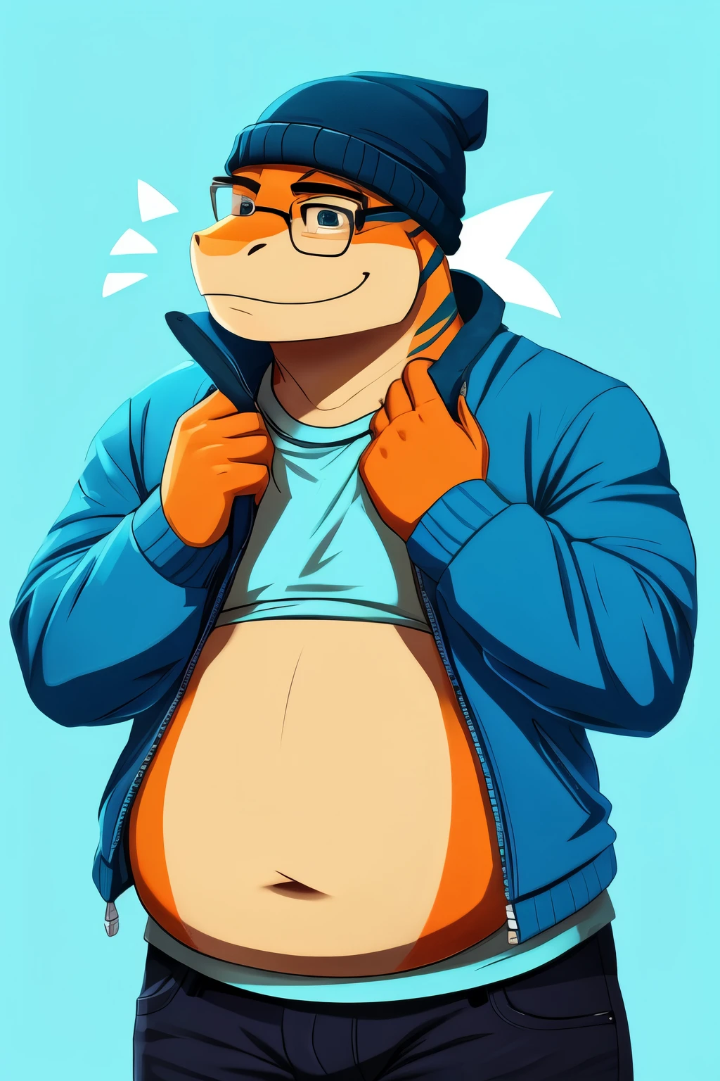 A male orange chubby anthropomorphic lizard with cyan stripes wearing, a blue jacket, glasses, black jeans, a white tanktop, and a blue beanie, waveing, solo