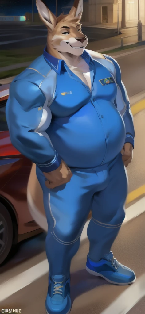 Sssbbw, hyena, orange fur, femboy, extremely fat, fat face, morbidly obese, immobile, embarrassed, nervous smile, gluttony hungry, Racing Driver, Racing suit, stuffing over full stomach, deep navel, indoors, Masterpiece_2.1, 4K UHD