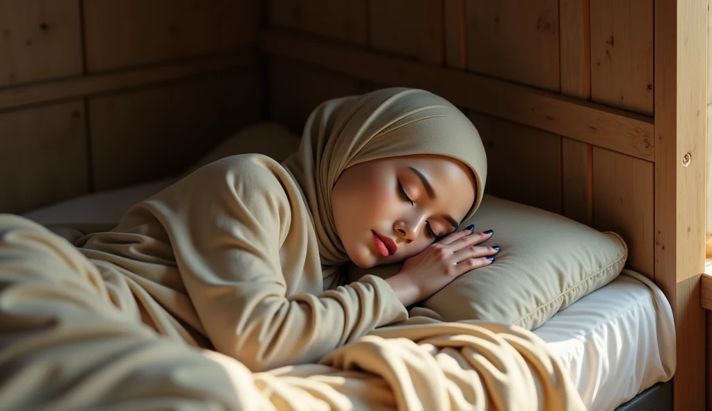 The beautiful,thin,most pretty and clever Asian muslimah woman with beautiful cheeks wears plains zebra print lycra footed turtleneck unitard catsuit covered with stripes and plains zebra print lycra elastane stretchy dancewear hood hijab covered with stripes.She is sleeping on the mattress