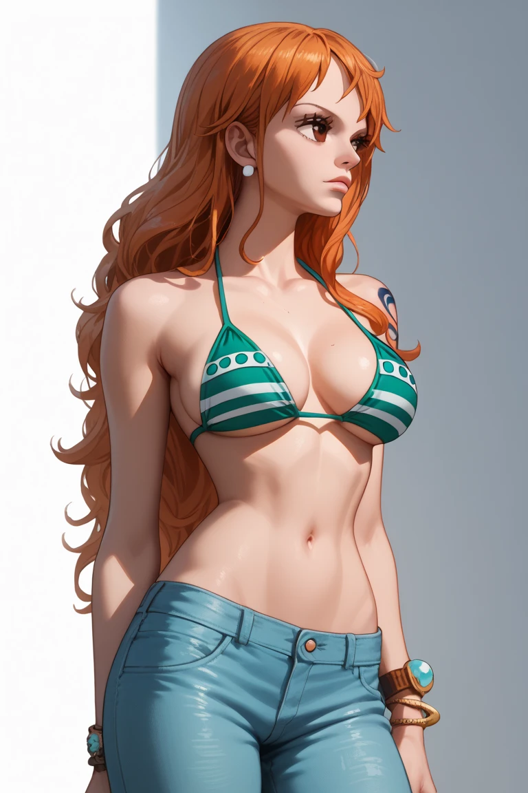detailed background, masterpiece, best quality, 1girl, solo, nami \(one piece\), 1girl, bangle, bangs, bare shoulders, belt, bikini, bikini top only, blue sky, bracelet, breasts, brown eyes, bubble, cleavage, cloud, cowboy shot, day, denim, earrings, floating hair, green belt, green bikini, groin, jeans, jewelry, large breasts, log pose, long hair, looking at viewer, navel, orange hair, pants, shoulder tattoo, sidelocks, sky, smile, solo, standing, stomach, swimsuit, tattoo , looking at viewer,whale tail ,thong