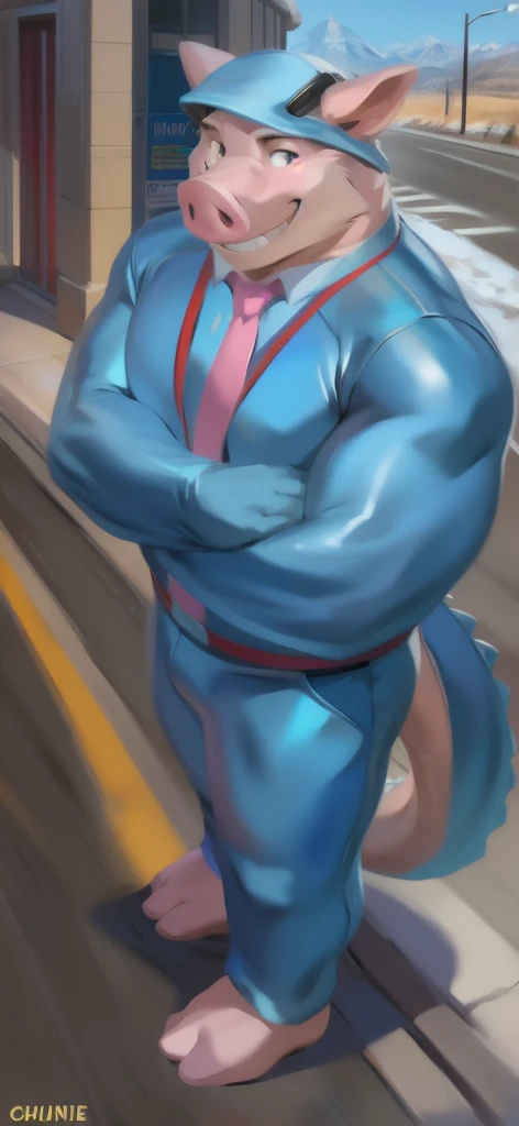 Grinning fearlessly,(((8-year-old boy))),Huge muscles,Huge penis,Glare