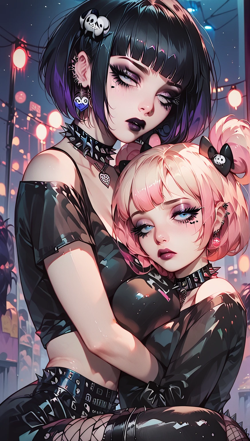 girl hair pink LARGE with black, eyes pink, face seriues with sunglasses cool and friend girl hair black with purple, face seriues with sunglasses pose peace , butterflies purples particles little , anime HD , oufit futurista, crop top black , match icon, atmosphere 80s