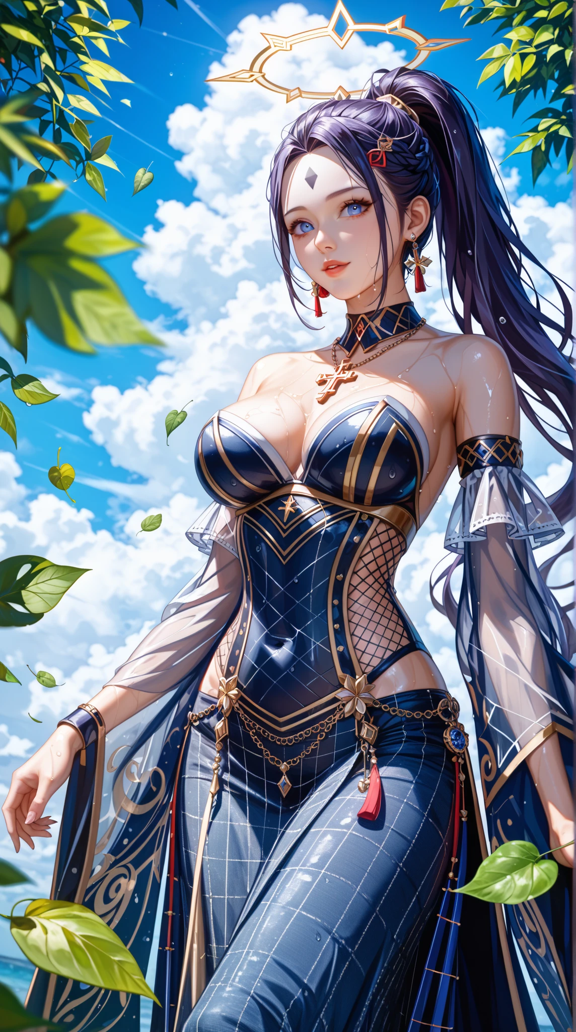 masterpiece, top quality, super detailed, high resolution, (realistic, photorealistic:1.37), excellent anatomy, beautiful 1 woman, Nogizaka46 costume, cowboy shot, thighs, (flowers, many small petals, garden, blue sky), looking at viewer, small waist, official art, raw photo, incredibly absurd, face light, dynamic lighting, cinematic lighting, sharp focus, extremely detailed eyes and face, best light, best shadow, mysterious, perfect face, highly detailed,