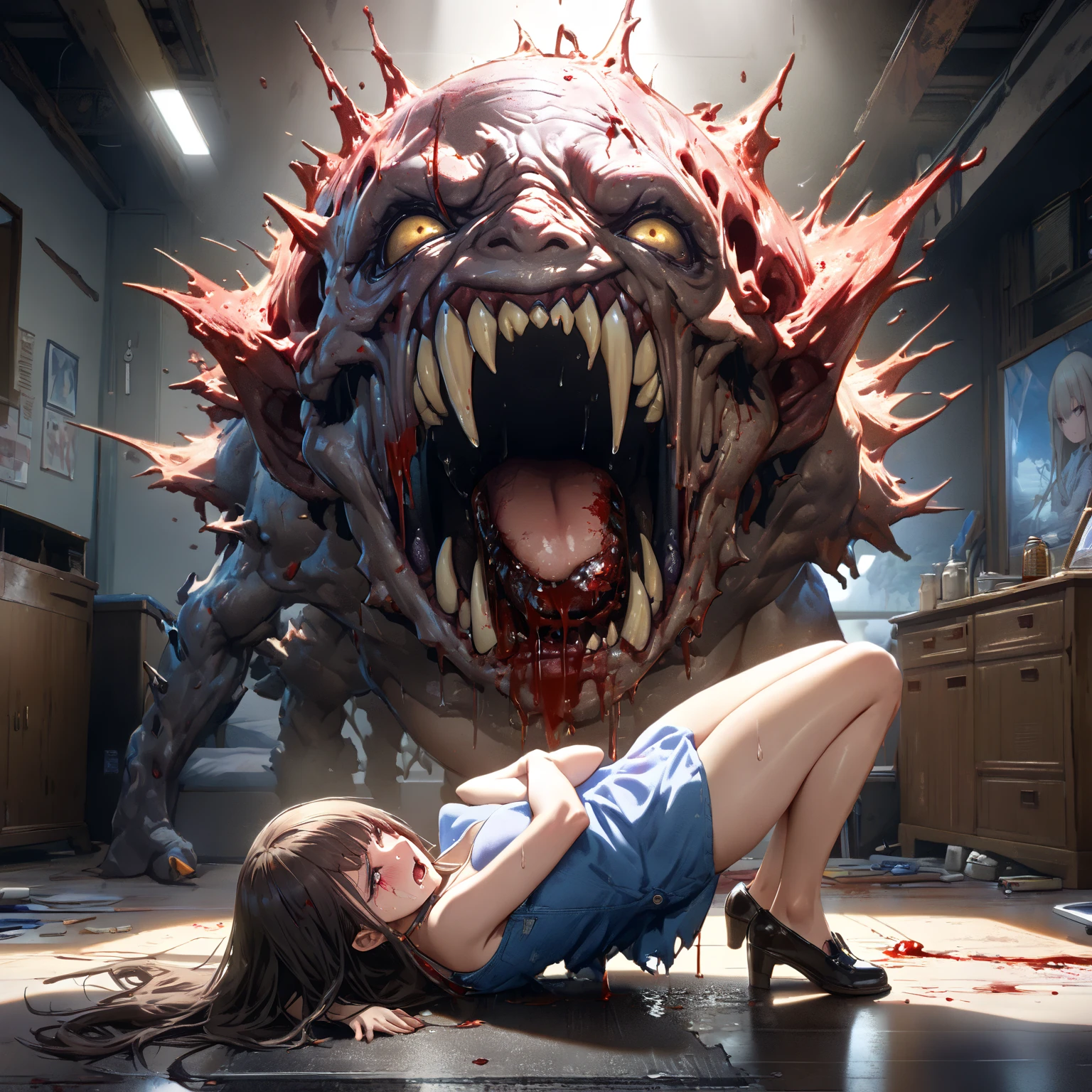 a school girl with long dark purple hair,beautiful detailed eyes,beautiful detailed lips,extremely detailed eyes and face,longeyelashes,red headband,brown eyes,long-sleeved shirt,black skirt,tries to escape,trips and falls to the ground,terrifying mole mascot costume,covered in blood,carrying a knife,grabs her leg,pulls her towards it,(best quality,4k,8k,highres,masterpiece:1.2),ultra-detailed,(realistic,photorealistic,photo-realistic:1.37),horror,dark,dramatic lighting,intense colors