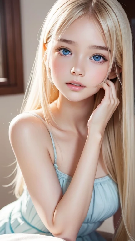 最hightquality、(((full body Esbian)))、(((Leotard)))、((Large chest))、(((lying on one's side on bed)))、(((Walking on all fours)))、Soft light、(depth of fields)、超hight resolution、((Photorealsitic:1.4))、Raw photography、Ambient Occlusion、((12year old))、((a small face))、ren、1girl in, Swollen eyes、(Platinum Blonde Hair:1)独奏, (Smirking expression:1.2), (bright light blue eyes,catchlight), Fine white skin, Tube Top、(excellent、masterpiece)、beautiful light blue big eyes、Harmonious facial features、masterpiece, ((The highest image quality)), hightquality, beautiful blonde girl, white high school girl, detaileds, detailedsな水色の目, detailedsな皮膚, Beautiful white skin, 超hight resolution, (Realistis:1.4)、Beautiful skins, (Platinum Blonde Hair:1)、Super Long Hair、Pattsun bangs、 ((A hyper-realistic)), (illustratio), (hight resolution), (8K), (非常にdetaileds), (最高のillustratio), (美しくdetailedsな目), (超detaileds), (wall-paper), (detaileds顔), looking at the viewers, finely detail、detailedsな顔、pureerosfaceace_v1、Looking straight ahead、photos realistic、Bright lighting、profetional lighting、 (((Petite, Little, Big, skinny))),