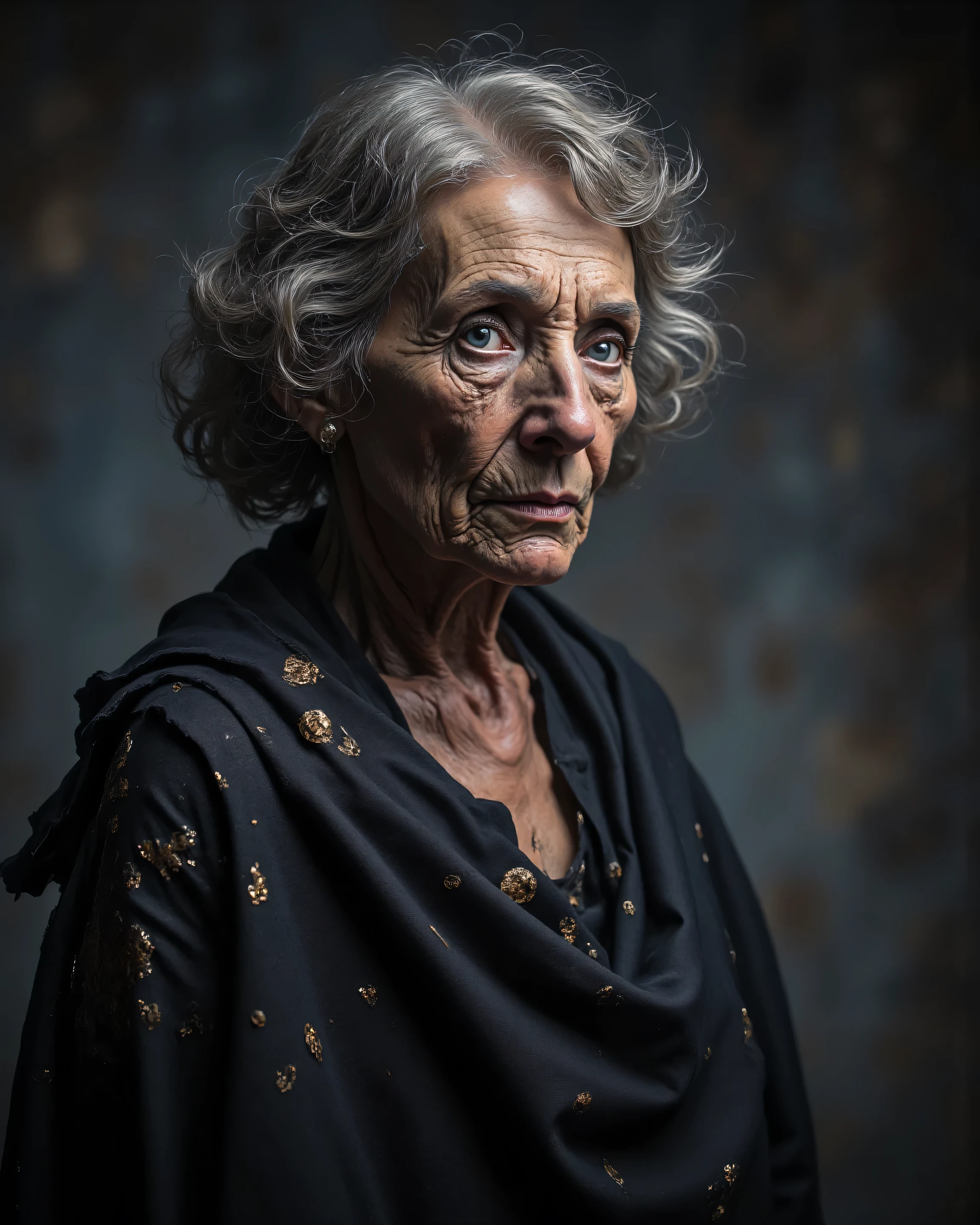 Create an image of a middle-aged, american woman with a mysterious and reserved air. Dressed in a way that suggests her interest in magic and the esoteric. Her gaze should be difficult to decipher, possibly with a touch of uneasiness. With a Cinematic, Documentary photographic style. Evoking the emotion of relaxed. With the main theme of Tragedy. From a Medium Profile camera angle. In Vertical format. With Hard, Side lighting. Using a Fixed lens. With Blur optical effects. Adding grain and texture Scratches. With Dynamic depth of field. And an Oblique frame.
