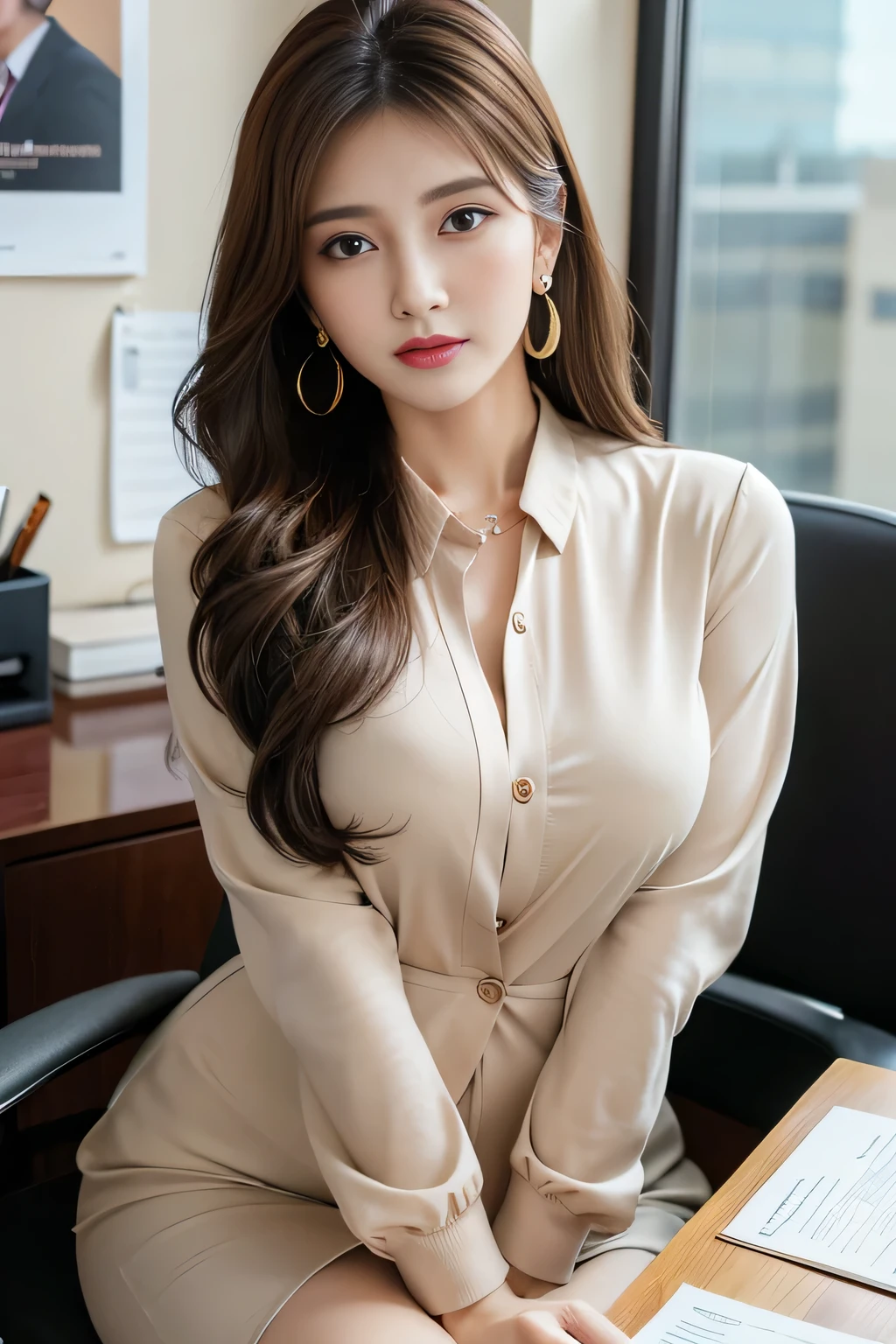(RAW Photos), (Realistic), (masterpiece), (highest quality), High resolution, 8k, (Intricate details), (Volumetric Light), Portraiture, woman, Age 35, Medium Hair, Straight hair, , Layered Hair, Brown Hair, Very beautiful eyes, Source order, Very thin eyebrows, Very fine skin, Very beautiful mouth, Very nice nose, Cute like an idol, smile, (Thick lips), (Looking at the audience), (White Collar Dress Shirt), Above the knee shot,
