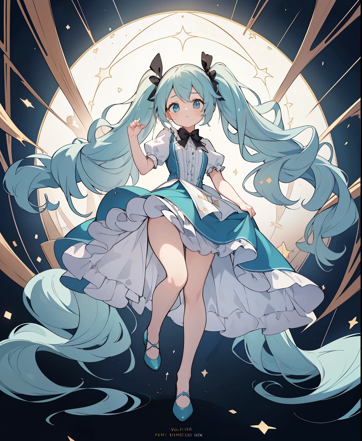 (Masterpiece、 top quality、 top quality、 Official Art、 beautiful and beautiful :1.2)、( one girl:1.3) Hatsune Miku、 twin tails, beautiful breasts, ,Aerial view,Aerial Photos,Full body portrait,The whole body is Projected, is present, (masterPiece,Highest questionuality:1.4),(8k, RAW Photo , is present:1.2), not safe at work , detailed skin, detailed face, one girl, princess,Alice in Wonderland, cute face, SuPer Resolution, I'm wearing wavy hair ,,{{{Exquisite ,comPlicated,wonderful,Delicately,Extraordinary,Careful,Point, Incredible , Obsessed ,Craftsman'S,subtle, celebrities,Skilled, vibrant, Vivid , comPlicatedな}}}, SharPly focused edges, fresh natural gradient , Highest questionuality, wonderful quality, so beautiful, absurd, Pub Sadness, ((yellow, Situation , Frills, yellow layered, miniskirt,overskirt)), (( white frills apron )),((Shiny wavy hair)), crown, ankle boots, Under the skirt, dress , (((JumPing))), Please Put your feet uP, (Frills Shirt), ゴシック dress , Hair Band , Short sleeve, Bow Hair, HaPPy, ;P, Medium Bob, ( blond), (( wavy hair)), Shimmering eyeS, blue eyes, ((yellow Hair Band )),(((White Frills PantieS))), (((Skirt fliP))), Laughter, , dress , Alice (Alice in Wonderland), (CaPe), White Frills legwear, ((yellow the Bow)), puff sleeve that fits inside, Prohibit, Short sleeve, ((yellow bow ribbon)), long hair, (White Frills aPron), ((( tiara ))), ((( has a cute magic wand ))). White Frills legwear, frills, yellow ゴシック dress ,: question, (( Heart Necklace )), ((ring)), masterPiece, Highest questionuality, not safe at work , , , 14, braided bangs , arm garters , baby face ,Eyes sParkling, flat chest, That's It , That's It ii,Pastel colour,(Wonderland Garden:1.3),imagine, ((SoaP bubble)), has a heart background , (watercolor),