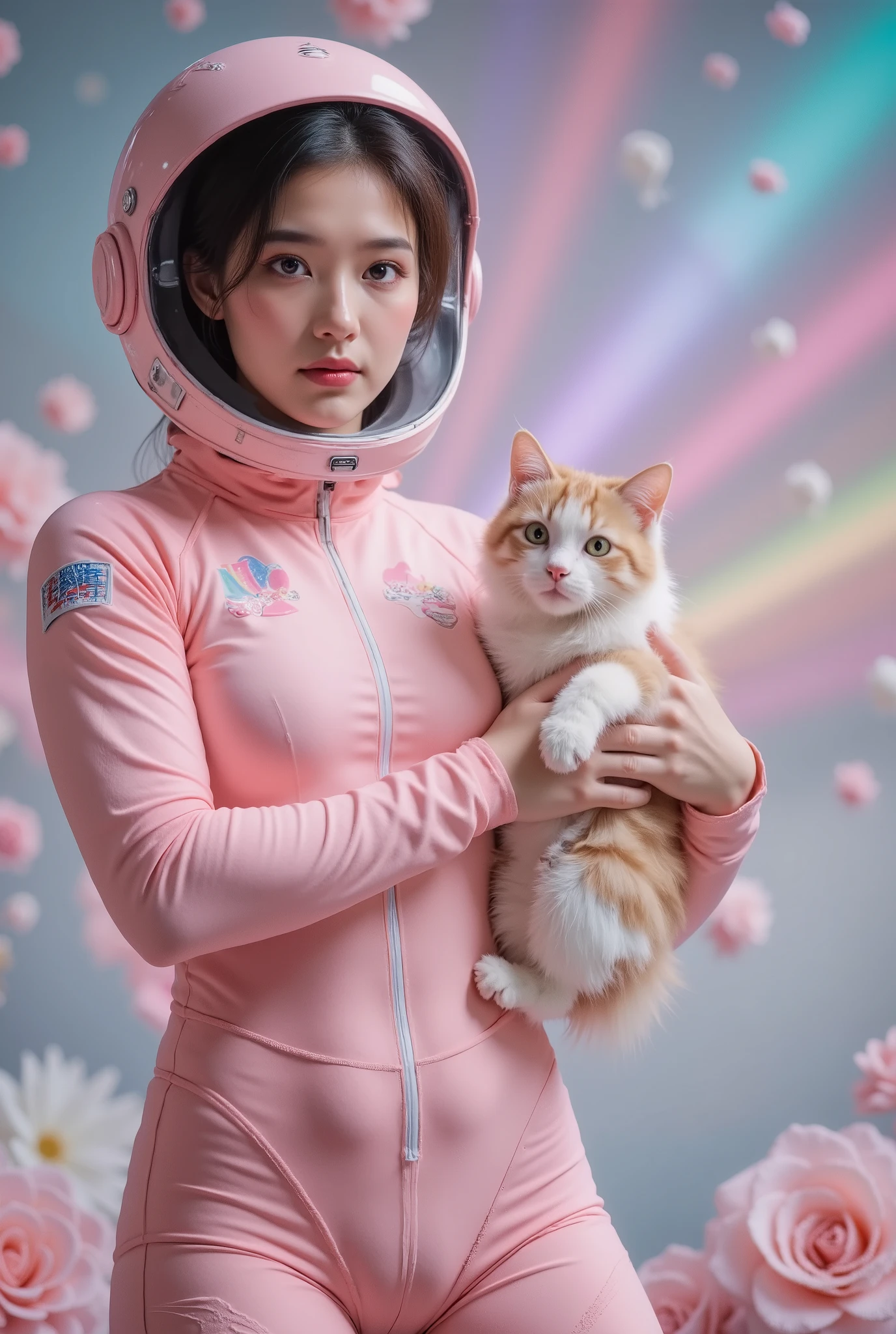 a woman standing, split pose, high-quality 3D render, photorealistic, detailed realistic skin, tight yoga pants, pink spacesuit, holding a cat, cute fantasy background, rainbow colors, spread love emoji pack, person holding object, double exposure effect, laser background or space background, photographic, detailed helmet,astronaut