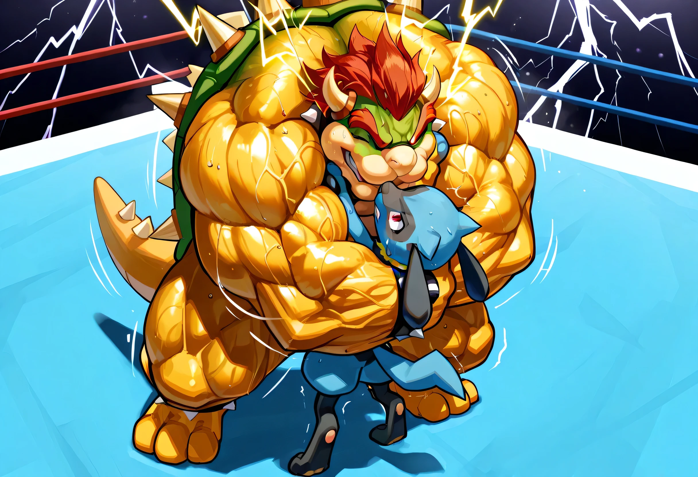 4k ultra quality, 4k full body view,masterpiece quality, giant bowser dominates small riolu, wrestling, bearhug, [riolu:pain, arched back, close eyes, very small build, young], [bowser:carrying person, arched back, hold head high, giant bulky muscular, massive strong body, looking down, evil grin, sweaty, male focus],size difference, carrying, dominating, lightning thunder trails, motion line, from above