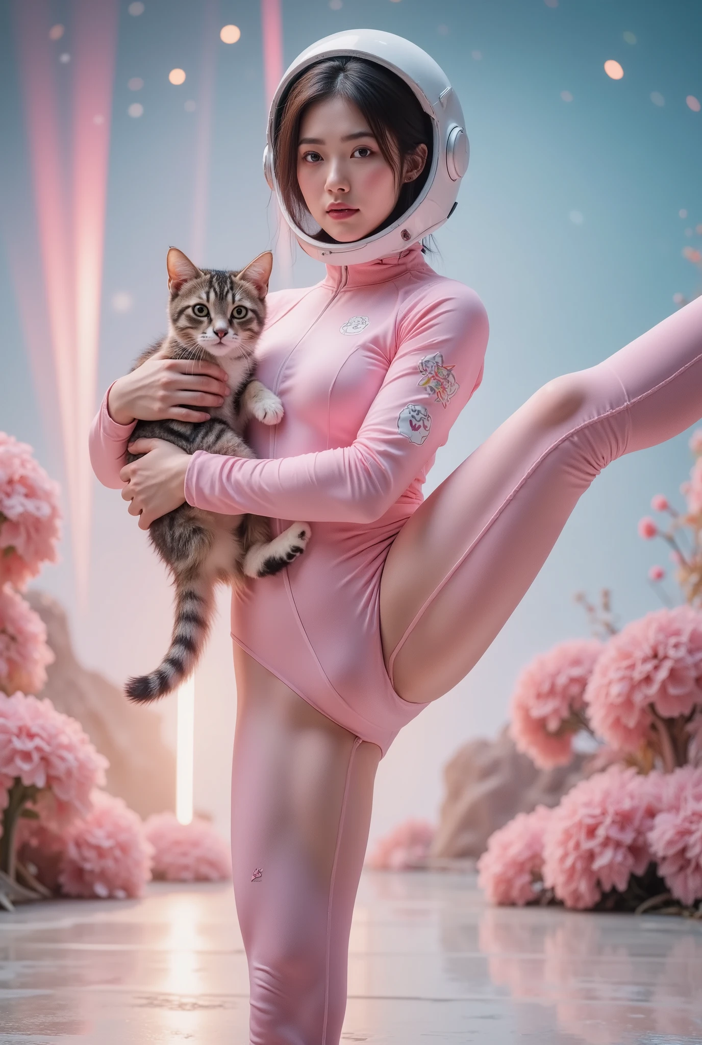a woman standing, split pose, high-quality 3D render, photorealistic, detailed realistic skin, tight yoga pants, pink spacesuit, holding a cat, cute fantasy background, rainbow colors, spread love emoji pack, person holding object, double exposure effect, laser background or space background, photographic, detailed helmet，astronaut