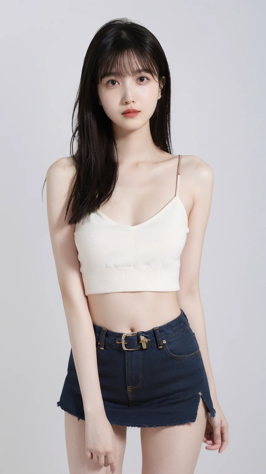 absurdres, RAW photo, extremely delicate and beautiful, masterpiece, Best Quality, ultra high resolution, 32k, hyperrealistic, ultra-detailed, perfect anatomy, super Detailed skin, perfect figure, Super Beauty, Perfect Style, Perfect balance, Beautiful Lighting, Perfect Lightning, Realistic Shadows, 20 years old, very Slim body, narrow waist, very small head, very small face, delicate facial features, handsome detailed woman, very detailed eyes and face, realistic face proportions, Realistic beautiful face, Realistic beautiful eyes, tearful mole, earring, very huge round breasts, legs, medium hair, asymmetrical hair, full body shot, indoor, tank top, crop top, skirt, sleeveless,
