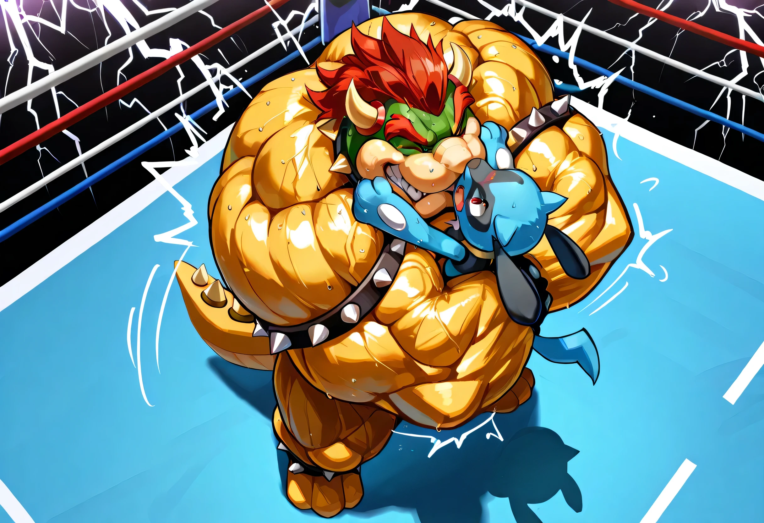 4k ultra quality, 4k full body view,masterpiece quality, giant bowser dominates small riolu, wrestling, bearhug, [riolu:pain, arched back, close eyes, very small build, young], [bowser:carrying person, lifting up, arched back, hold head high, giant bulky muscular, massive strong body, looking down, evil grin, sweaty, male focus],size difference, carrying, dominating, lightning thunder trails, motion line, from  front, from above