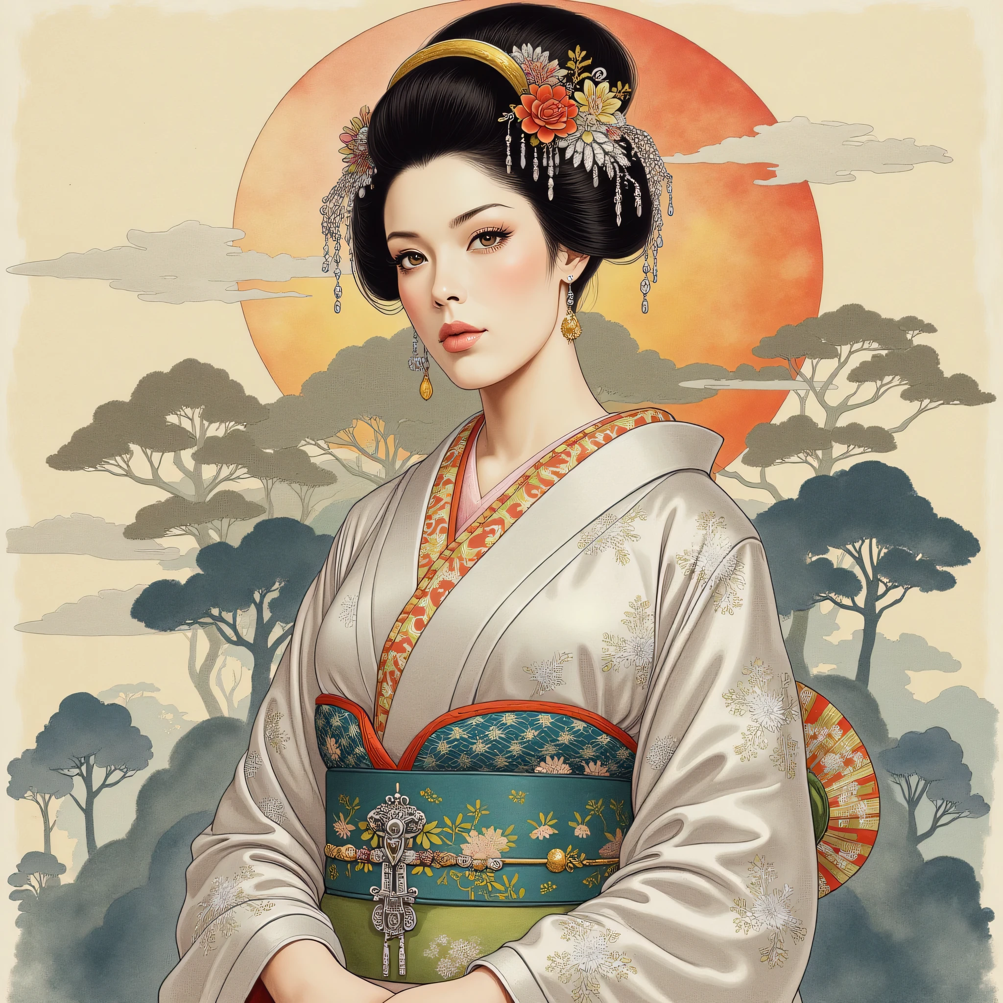  the detailed proportions and textures brushed multicolored and softened with airbrush , a semi-realistic Chinese ink illustration A young traditional geisha of from the Edo period is shown (full body, pose and in high quality) in traditional Japanese (western) attire. innocent look, Full lips and defined eyebrows ,  huge  ( and round ) breasts,  thick thighs in bed,  wide hips ,  thin and high waist , flat stomach.  Her hair is styled in an elaborate updo adorned with intricate hairpins and ornaments. The kimono she wears is richly decorated with floral patterns in shades of white, grey and blue-silver, with layers of fabric visible, including a green sash. The overall style is elegant and refined, capturing the essence of traditional Japanese art with a modern twist. The background is a landscape in the Nihonga (Japanese) style, which draws attention to the subject and gives depth to the illustration .  saturation in the very defined color palettes  ( color with monochrome shading and bright shades of red 25 % +  yellow 25 % + blue 25% +  biofluorescent 12 .5% +  transparencies 12 .5%.  aesthetic fusion by  ( fibonacci ratio .  a realistic doll of a young Monica Bellucci .  a young girl has pink skin with white-gray tones that give her contrast and brightness type of character . fluid texture of thin ,  thin fabric that molds to your figure  (  her clothes with relief and folds give volume and depth to the character  ) style. soft focus,  highly detailed and sharp, Approaching perfection , full hd 8k,  High and low angles . of Milo Manara, Gianni Versace, coco chanel, Alberto Vargas, Greg Rutkowsk art style.
