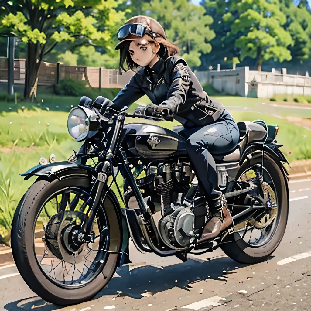 Bluff Superior SS100、(クラシックRiding on motorcycle )、(Vintage Bikes、Bluff Superior SS100)、Isle of Man Races、 (Riding on motorcycle:1.2), Beautiful young woman、18-year-old、Beautiful Face, Beautiful delicate eyes, Black Hair, Short Bob Hair, Classic Leather Jacket、Cromwell helmet with goggles、After the Rain、English countryside、 Detailed Description、(Highest quality, masterpiece, High resolution)、8k、wallpaper