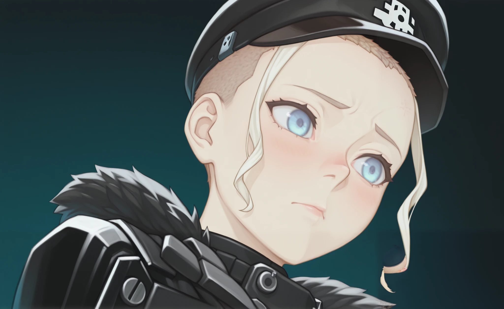 1girl, solo, ((testgirl)),( light blonde short fringe) , slightly curly fringe, (shaved head), shaved temples, light blue eyes, (beautiful eyes), looking in viver, black raincoat, short fur collar, ((black cap) ),masterpiece, best quality, amazing quality, contrast, grumpy, (blame), from the side, high quality, a masterpiece , shy, embarrassing, looks around, angle from below , red face
