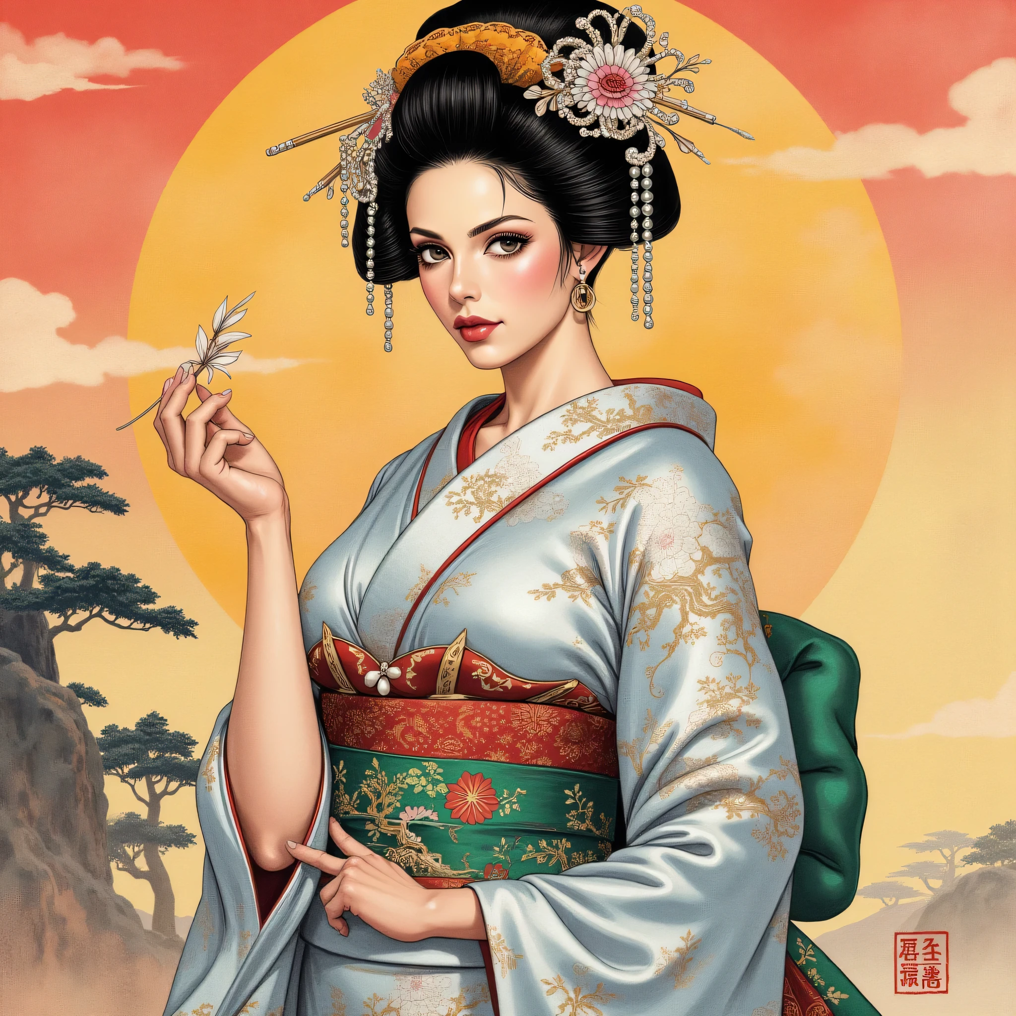  the detailed proportions and textures brushed multicolored and softened with airbrush , a semi-realistic Chinese ink illustration A young traditional geisha of from the Edo period is shown (full body, pose and in high quality) in traditional Japanese (western) attire. innocent look, Full lips and defined eyebrows ,  huge  ( and round ) breasts,  thick thighs in bed,  wide hips ,  thin and high waist , flat stomach.  Her hair is styled in an elaborate updo adorned with intricate hairpins and ornaments. The kimono she wears is richly decorated with floral patterns in shades of white, grey and blue-silver, with layers of fabric visible, including a green sash. The overall style is elegant and refined, capturing the essence of traditional Japanese art with a modern twist. The background is a landscape in the Nihonga (Japanese) style, which draws attention to the subject and gives depth to the illustration .  saturation in the very defined color palettes  ( color with monochrome shading and bright shades of red 25 % +  yellow 25 % + blue 25% +  biofluorescent 12 .5% +  transparencies 12 .5%.  aesthetic fusion by  ( fibonacci ratio .  a realistic doll of a young Monica Bellucci .  a young girl has pink skin with white-gray tones that give her contrast and brightness type of character . fluid texture of thin ,  thin fabric that molds to your figure  (  her clothes with relief and folds give volume and depth to the character  ) style. soft focus,  highly detailed and sharp, Approaching perfection , full hd 8k,  High and low angles . of Milo Manara, Gianni Versace, coco chanel, Alberto Vargas, Greg Rutkowsk art style.
