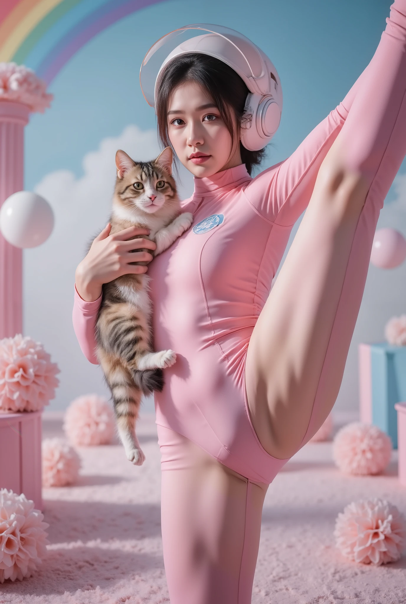 a woman standing, split pose, high-quality 3D render, photorealistic, detailed realistic skin, tight yoga pants, pink spacesuit, holding a cat, cute fantasy background, rainbow colors, spread love emoji pack, person holding object, double exposure effect, laser background or space background, photographic, detailed helmet,astronaut