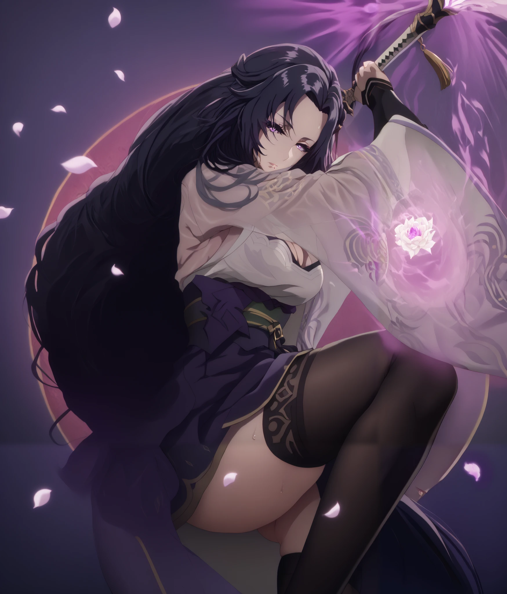 uncensored, gamma, long hair, purple eyes, black hair, ((parted bangs)), forehead, very long hair, pointy ears, mole, mole under mouth, bright pupils, anime coloring, anime screencap, (voluptuous:1.3), (thick:1.3), BREAK UHD, retina, masterpiece, accurate, anatomically correct, super detail, high details, high quality, best quality, highres, 4K, excessive sweating, sweating, sweating drop, (gasping, heavy breathing:1.3), (skindentation:1.2), perfect eyes, beautiful eyes, eyelashes, makeup, detailed body, perfect body, BREAK, 1girl, solo, japanese_clothes, sword, weapon, breasts, holding_sword, kimono, holding_weapon, thighhighs, obiage, musou_isshin_(genshin_impact), purple_flower, looking_at_viewer, obi, holding, sash, flower, tomoe_(symbol), obijime, mitsudomoe_(shape), electricity, cleavage, wide_sleeves, bridal_gauntlets, tassel, closed_mouth, long_sleeves, egasumi, petals, katana, ribbon, falling_petals, purple_nails, drawing_sword, vision_(genshin_impact), purple_thighhighs, shaded face, (aura:1.4), simple background