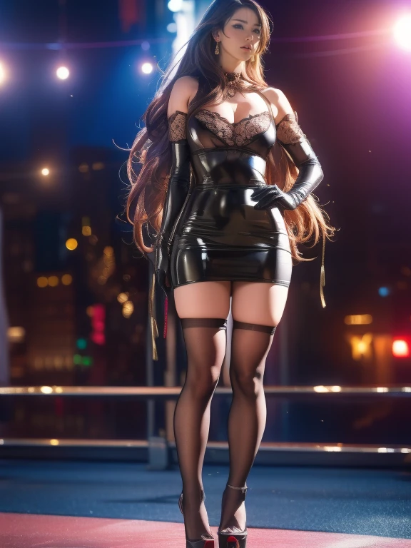anime, beautiful face, highly detailed face, detailed perfect eyes, perfect hair, perfect lips, accurate arms, accurate hands, perfect legs accurate footware. highly detailed background, front lighting, perfect lighting, full body, 1girl, solo, ruby hoshino, ruby, oshi no ko, heels, blonde hair, thighhighs, stockings, absurdres, high res, ultrasharp, 8K, masterpiece, looking at viewer, (sexy pose:1.5), (full body:1.5), idol outfit, idol, revealing idol, skirt, cleavage, stockings, dynamic pose, full of delight, smiling full of compassion, blushed, on a stage, concert, performing on stage, cute gestures