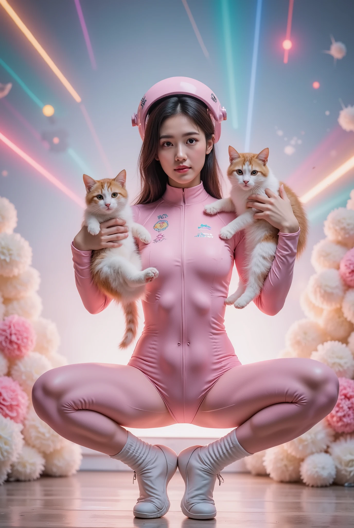a woman standing, split pose, high-quality 3D render, photorealistic, detailed realistic skin, tight yoga pants, pink spacesuit, holding a cat, cute fantasy background, rainbow colors, spread love emoji pack, person holding object, double exposure effect, laser background or space background, photographic, detailed helmet,astronaut