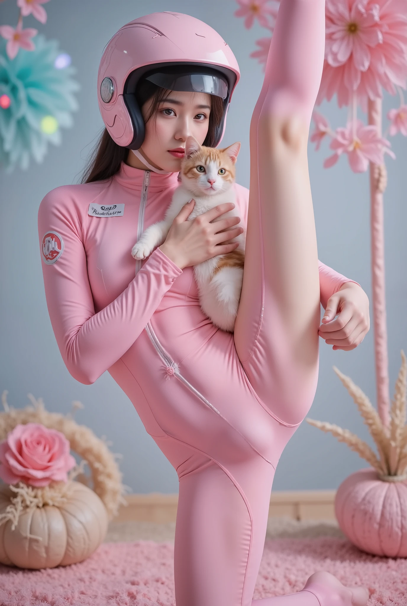 a woman standing, split pose, high-quality 3D render, photorealistic, detailed realistic skin, tight yoga pants, pink spacesuit, holding a cat, cute fantasy background, rainbow colors, spread love emoji pack, person holding object, double exposure effect, laser background or space background, photographic, detailed helmet,astronaut