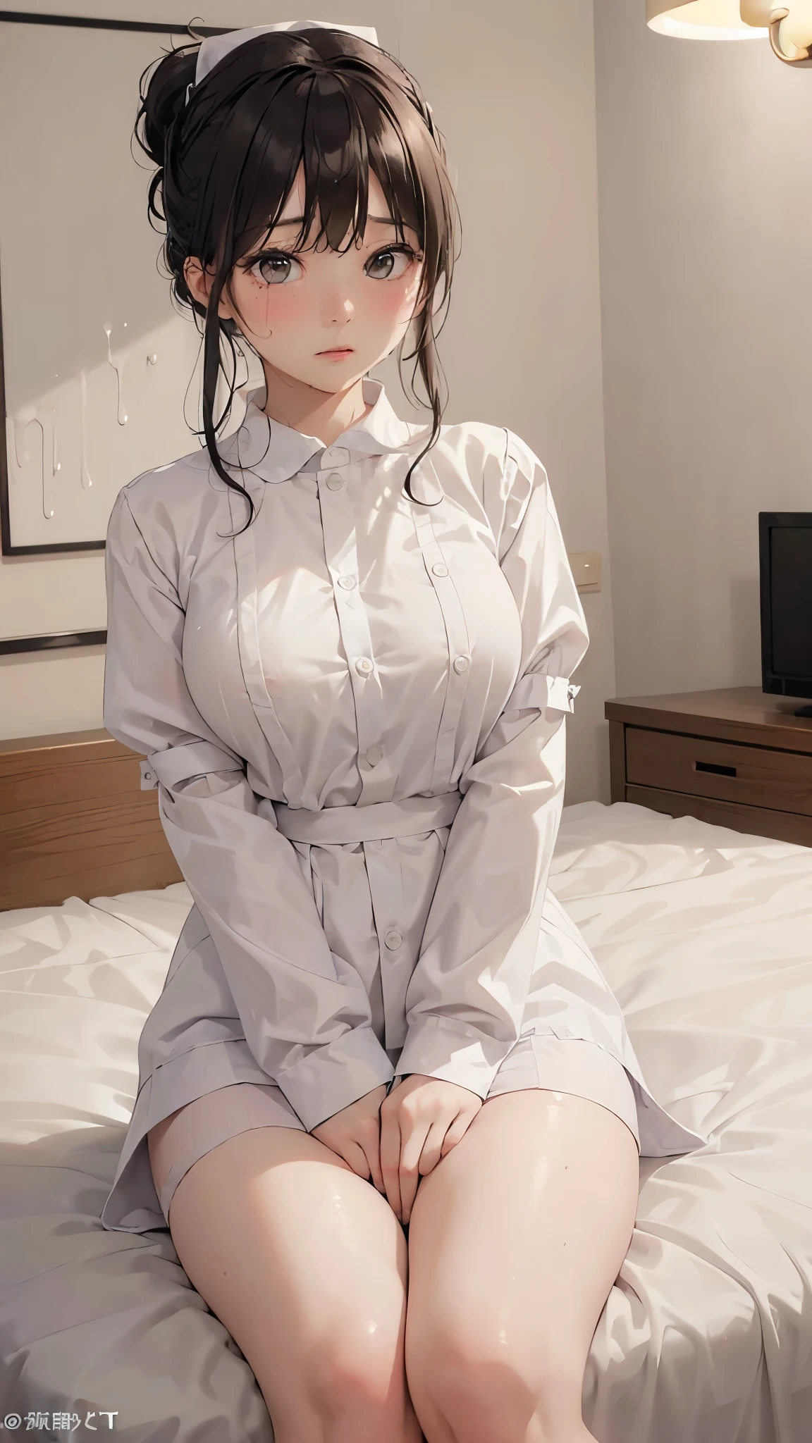 ( Masterpiece: 1.3), ( Juliet Sleeve 1 person stupid girl : 1.2), ( ultra HD TV : 1.2), Cinema Lighting, 8k resolution, Narrow eyes and skin, beautiful face, ( Face in Focus :1.2), perfect style with breast hair all together, mature face , accurate, anatomically accurate, Highly Detailed Face and Skin Textures , Narrow eyes, double eyelids , thin eyebrows, glitter eyeliner 、 Natural blush,Hospital room、 places her hands on the table 、 sticks out her butt、 embarrassing expression 、 expression of anger 、 A look of humiliation 、 expressionless 、 25 year old pure woman ,( nurse uniform:1.4)、 Cinema Lighting, semen on chest 、Sperm on thighs、Semen overflows 、 Perfect fit , white panties、 white bra ,Body Model, body outline , In a hospital bed 、 , please sit against the wall 、I tied my hair up、 Black brown hair、Nurse cap、