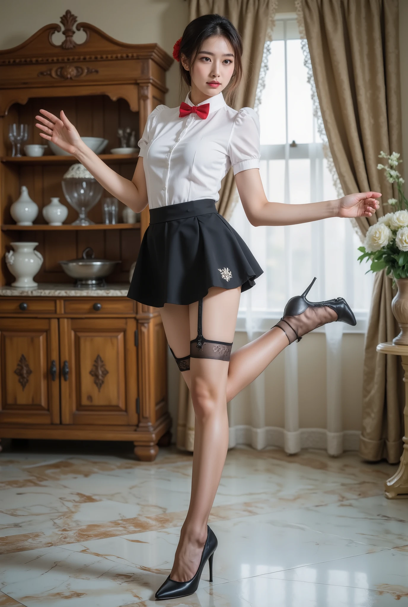 (((((Standing Splits))))), Transparent Tights ( masterpiece :1.1),( ultra-realistic :1.0)(Extremely detailed, intricate details, high resolution ,2.5D:1.1), 8K original photos, high resolution ,(Purple_evergarden:1.29), best quality, The overall image quality is of the highest standard, rest (Deep_blue_and_White_Theme:1.2), ( detailed Maid:1.4), red _bow tie, red _hair_ribbon, Chest_emerald_brooch, Crepe_fabric_ detailed_clothing, Puffs_Long_ detailed_sleeve,Chest brooch, (intricately embroide red :1.2), Tights, garter, Lace, Stilettos, rest medium_Chest, supermodel, skinny , Willow Waist, watching the audience ,(cowboy_shooting), rest (Blonde Short Bob), asymmetrical bangs, short bangs, bangs, Longeyelashes, rest (Create a luxurious atmosphere., Deluxe Room, Marble Flooring, Gorgeous oak walls, Decorative wall), Exquisite carpet, decorative plant and flower with luxurious Wedgewood vases, Wall blocks, Photos on the wall, ( Detailed catering kitchen equipment, detailedcooking equipment), (large window with Lace curtain), rest maid seeing her employer off at the entrance,, rest maid serving a cup of teacup on a silver tray,