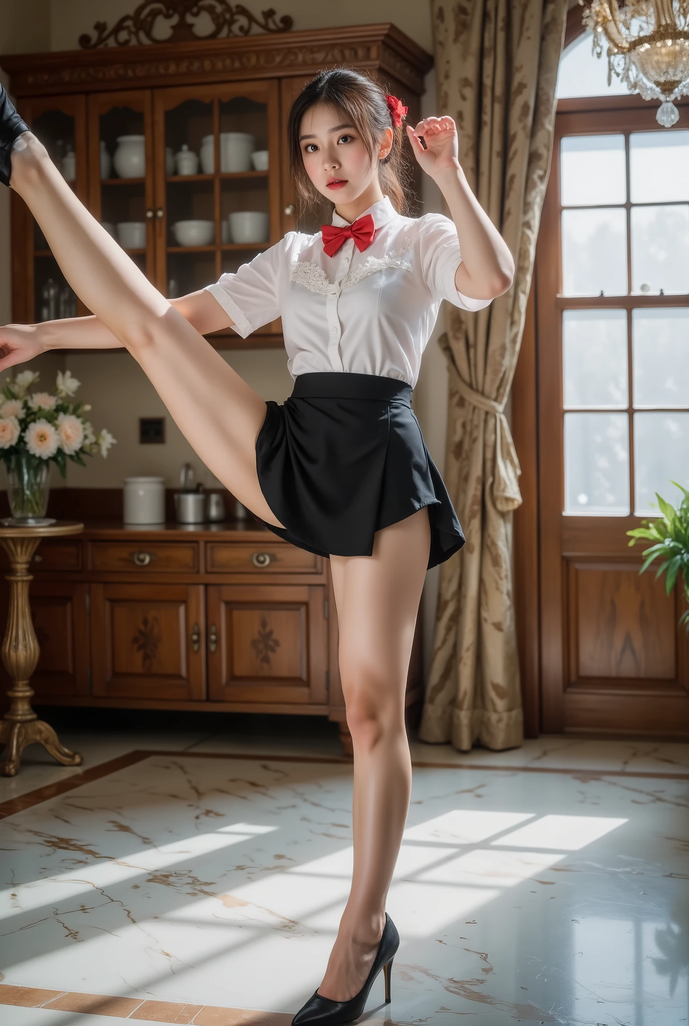 Wearing white short-sleeve,Red ultra-short pleated skirt,Short-haired girl in red high heels kicks,Close-up of a high kick,flying kick,kungfu,high kick,Battlefield Background,Fighting Stance,Smiling emoticon
