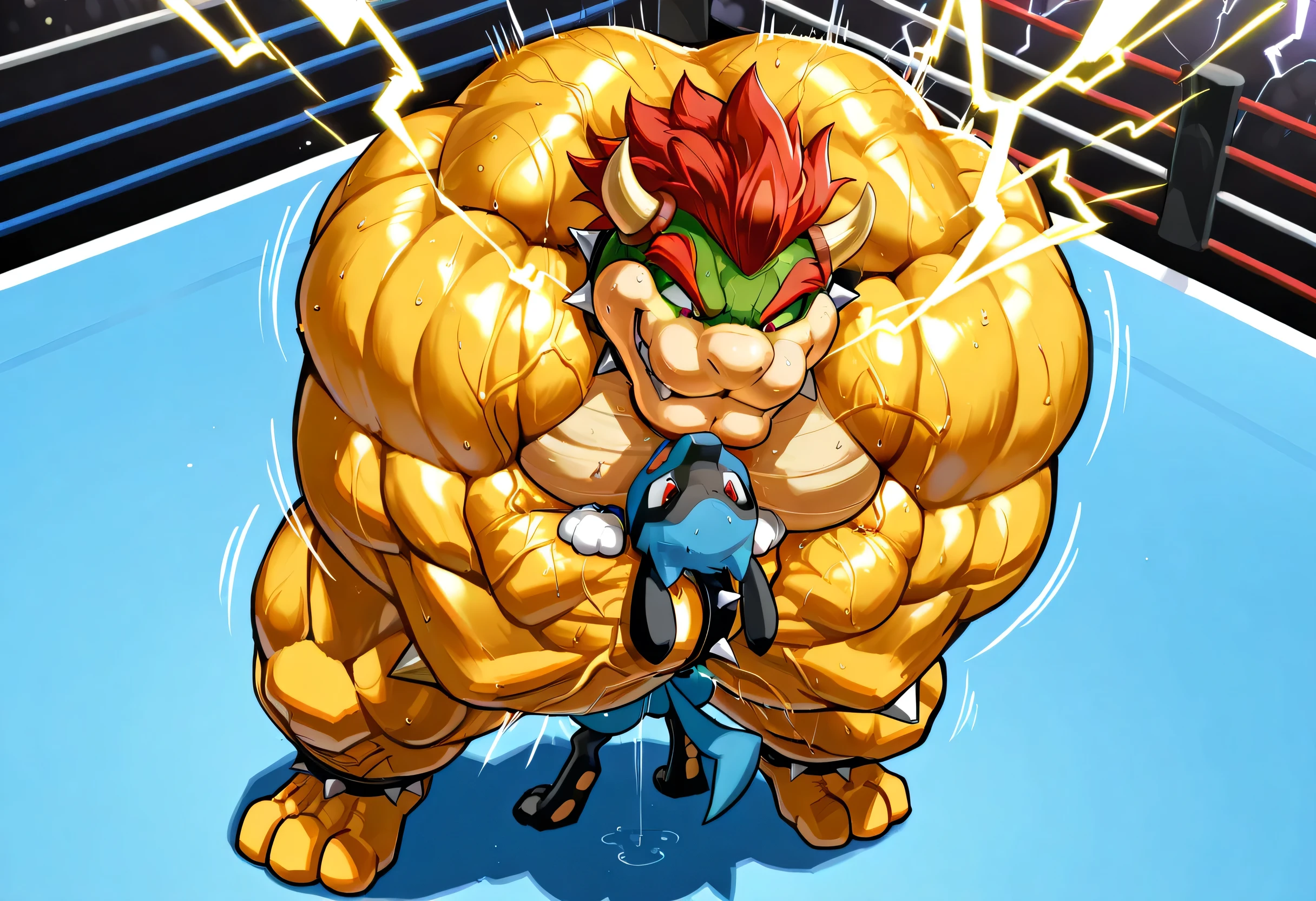 4k ultra quality, 4k full body view,masterpiece quality, giant bowser dominates small riolu, wrestling, bearhug, [riolu:pain, arched back, close eyes, very small build, young], [bowser:carrying person, lifting up, arched back, hold head high, giant bulky muscular, massive strong body, looking down, evil grin, sweaty, male focus],size difference, carrying, dominating, lightning thunder trails, motion line, from  front, from above