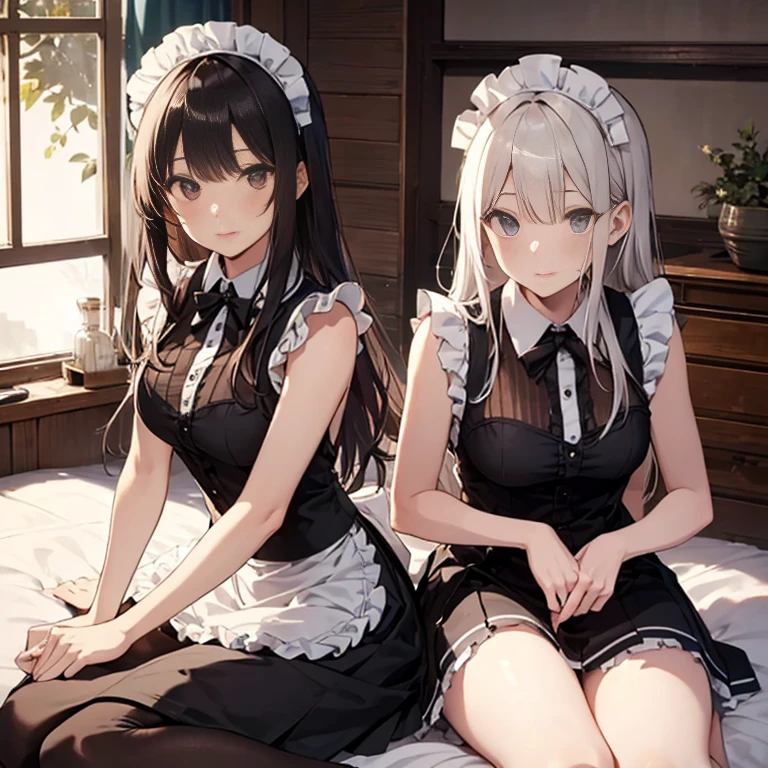 highest quality、masterpiece、((2 girls))、((smile:1.3))、(blush:1.3)、Black Shirt、blouse、((fun!!))、(Small breasts)、()、Blonde、(Long sleeve)、((White apron:1.5))、((Maid))、((hair ornaments)),、Kamimei、look at me、 ((in house:1.5))、 Taking a break from watching the audience、Cowboy Shot、(Skirt lift:1.3),(Highly detailed white panties:1.3)、(Highly detailed panties:1.3)、、(スカート that rolls up:1.3)、(Panties fully exposed:1.5)、Light blue eyes、long hair、Glowing Eyes