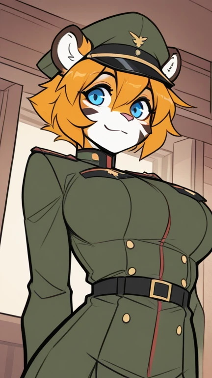 Silly cat, girl, wide hips, cat, antro, white cat,thick legs, body slim, huge breasts, sweat, wearing navy blue pants, wearing navy blue jacket, wearing a dark green army helmet, brown belt,