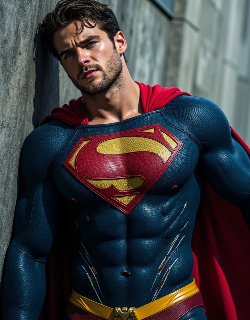 Henry Cavill as Superman ((Best Quality, 8K, ultra-detailed, Masterpiece: 1.3)), 1boy, shiny skin, sharp, Perfect Body Beauty, realistic shaded perfect body, The image is primarily composed of white, black, and royal blue colors. The artwork is created with abstract shapes and lines, resembling brush strokes. It has a poster art feel to it. The main focus of the scene is superman muscular body. Wearing only micro thong, The lighting and shadows play a crucial role in enhancing the mood of the artwork. The style of the image is influenced by the works of Malcolm Liepke, known for his dynamic and expressive paintings. Depict the model partially concealed by a sheer fabric or drapery, leaving much to the viewer's imagination. Use subtle details to hint at hidden desires. symbolic elements that convey a deeper meaning or narrative
