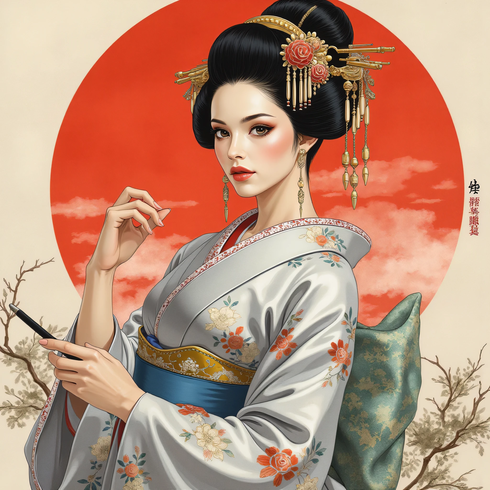  the detailed proportions and textures brushed multicolored and softened with airbrush , a semi-realistic Chinese ink illustration A young traditional geisha of from the Edo period is shown (full body, pose and in high quality) in traditional Japanese (western) attire. innocent look, Full lips and defined eyebrows ,  huge  ( and round ) ,  thick thighs in bed,  wide  ,  thin and high waist , flat stomach.  Her hair is styled in an elaborate updo adorned with intricate hairpins and ornaments. The kimono she wears is richly decorated with floral patterns in shades of white, grey and blue-silver, with layers of fabric visible, including a green sash. The overall style is elegant and refined, capturing the essence of traditional Japanese art with a modern twist. The background is a landscape in the Nihonga (Japanese) style, which draws attention to the subject and gives depth to the illustration .  saturation in the very defined color palettes  ( color with monochrome shading and bright shades of red 25 % +  yellow 25 % + blue 25% +  biofluorescent 12 .5% +  transparencies 12 .5%.  aesthetic fusion by  ( fibonacci ratio .  a realistic doll of a young Monica Bellucci .  a young girl has pink skin with white-gray tones that give her contrast and brightness type of character . fluid texture of thin ,  thin fabric that molds to your figure  (  her clothes with relief and folds give volume and depth to the character  ) style. soft focus,  highly detailed and sharp, Approaching perfection , full hd 8k,  High and low angles . of Milo Manara, Gianni Versace, coco chanel, Alberto Vargas, Greg Rutkowsk art style.
